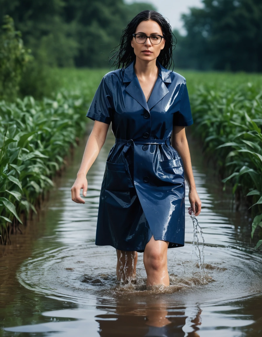 photo of young woman, in soaking wet, drenched clothes,
office shoes , dark blue midi labcoat with short sleeves, dark blue midi labcoat with short sleeves, walking submerged in flooded plant, 
enjoying, wet clothes stuck to body,
detailed textures of the wet clothes, wet face, wet plastered hair,
wet, drenched, professional, high-quality details, full body view.
sharp focus, ultra-high pixel detail, realistic, high-quality, full colors, incredibly detailed, 4k, 8k, 16k, hyper-realistic, RAW photo, masterpiece, ultra-detailed, professionally color graded, professional photograph, woman 51 years old, long black hair, very big and thick lips, office glasses, complete body, open mouth,, dry skin, dry clothes, dry fabric