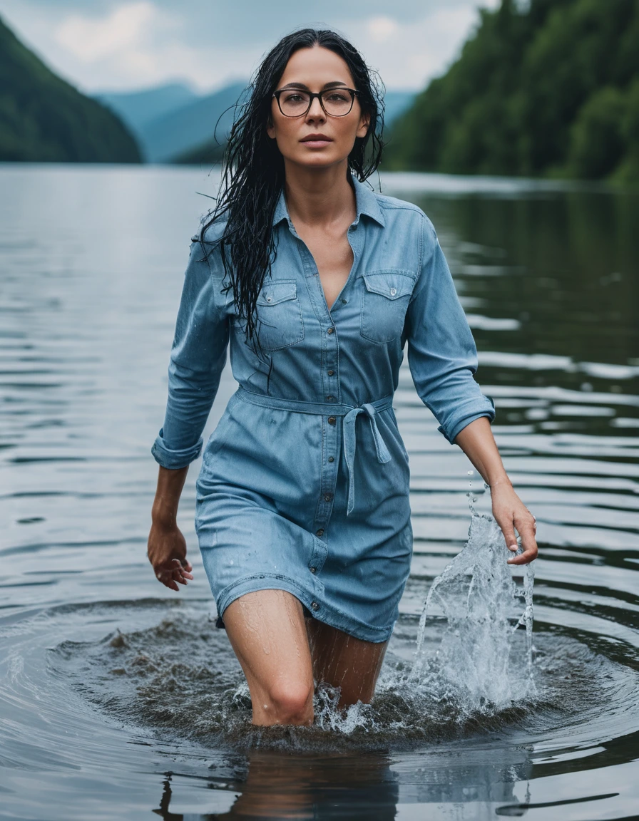 photo of young woman, in soaking wet, drenched clothes,
Sport shoes , midi tight light blue jeans dress, midi tight light blue jeans dress, walking in deep suuny lake, 
enjoying, wet clothes stuck to body,
detailed textures of the wet clothes, wet face, wet plastered hair,
wet, drenched, professional, high-quality details, full body view.
sharp focus, ultra-high pixel detail, realistic, high-quality, full colors, incredibly detailed, 4k, 8k, 16k, hyper-realistic, RAW photo, masterpiece, ultra-detailed, professionally color graded, professional photograph, woman 51 years old, long black hair, very big and thick lips, office glasses, complete body, open mouth, dry skin, dry clothes, dry fabric