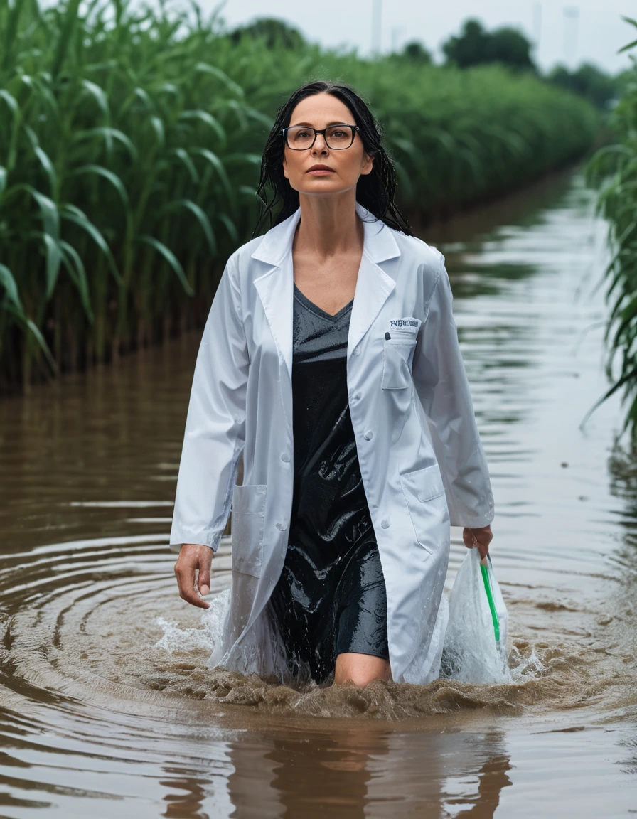 photo of young woman, in soaking wet, drenched clothes,
office shoes , white midi labcoat with long sleeves, white midi labcoat with long sleeves, walking submerged in flooded plant, 
enjoying, wet clothes stuck to body,
detailed textures of the wet clothes, wet face, wet plastered hair,
wet, drenched, professional, high-quality details, full body view.
sharp focus, ultra-high pixel detail, realistic, high-quality, full colors, incredibly detailed, 4k, 8k, 16k, hyper-realistic, RAW photo, masterpiece, ultra-detailed, professionally color graded, professional photograph, woman 51 years old, long black hair, very big and thick lips, office glasses, complete body, open mouth, dry skin, dry clothes, dry fabric