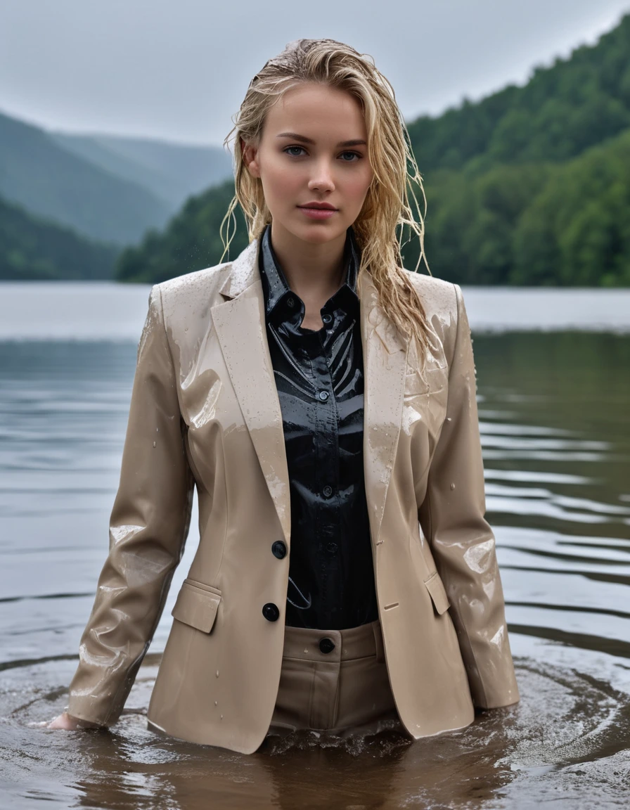 photo of young woman, in soaking wet, drenched clothes,
Beige Long Business Trouser, Beige Business Suit Jacket with Black button down business shirt longsleeve, Clear Mountain lake with heavy rain, 
enjoying, wet clothes stuck to body,
detailed textures of the wet clothes, wet face, wet plastered hair,
wet, drenched, professional, high-quality details, full body view.
sharp focus, ultra-high pixel detail, realistic, high-quality, full colors, incredibly detailed, 4k, 8k, 16k, hyper-realistic, RAW photo, masterpiece, ultra-detailed, professionally color graded, professional photograph, young elegant beautiful white Blonde women, breast deep submerged, under a big rainshower, fully clothed, completely soaked, fully drenched, completely wet, wetlook, heavy rain, side parting, long hair, rain storm, looks confidently into camera, dry skin, dry clothes, dry fabric
