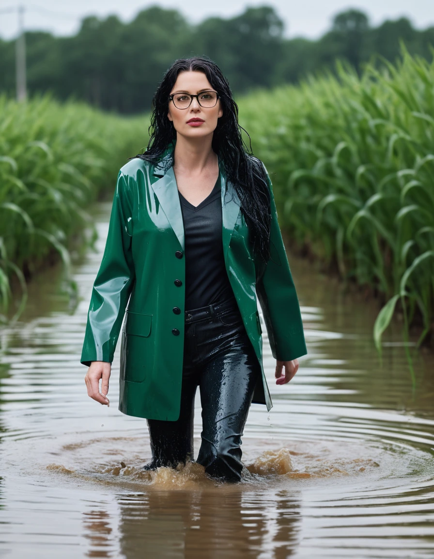 photo of young woman, in soaking wet, drenched clothes,
office shoes , long black latex jeans shinning, green labcoat with long sleeves, walking submerged in flooded plant, 
enjoying, wet clothes stuck to body,
detailed textures of the wet clothes, wet face, wet plastered hair,
wet, drenched, professional, high-quality details, full body view.
sharp focus, ultra-high pixel detail, realistic, high-quality, full colors, incredibly detailed, 4k, 8k, 16k, hyper-realistic, RAW photo, masterpiece, ultra-detailed, professionally color graded, professional photograph, woman 51 years old, long black hair, very big and thick lips, office glasses, complete body, open mouth,, dry skin, dry clothes, dry fabric