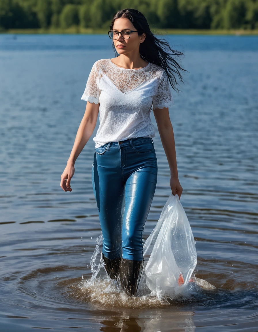 photo of young woman, in soaking wet, drenched clothes,
office shoes , long tight blue leather jeans shinning, white lace t-shirt with short sleeves, walking submerged in sunny lake, 
enjoying, wet clothes stuck to body,
detailed textures of the wet clothes, wet face, wet plastered hair,
wet, drenched, professional, high-quality details, full body view.
sharp focus, ultra-high pixel detail, realistic, high-quality, full colors, incredibly detailed, 4k, 8k, 16k, hyper-realistic, RAW photo, masterpiece, ultra-detailed, professionally color graded, professional photograph, woman 51 years old, long black hair, very big and thick lips, office glasses, complete body, open mouth, dry skin, dry clothes, dry fabric