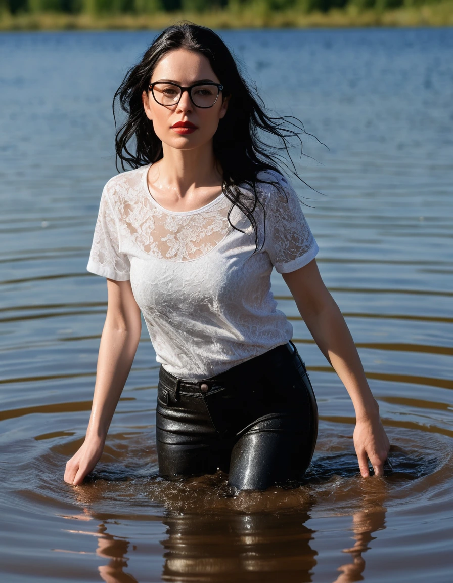 photo of young woman, in soaking wet, drenched clothes,
office shoes , long tight black leather jeans shinning, white lace t-shirt with short sleeves, walking submerged in sunny lake, 
enjoying, wet clothes stuck to body,
detailed textures of the wet clothes, wet face, wet plastered hair,
wet, drenched, professional, high-quality details, full body view.
sharp focus, ultra-high pixel detail, realistic, high-quality, full colors, incredibly detailed, 4k, 8k, 16k, hyper-realistic, RAW photo, masterpiece, ultra-detailed, professionally color graded, professional photograph, woman 51 years old, long black hair, very big and thick lips, office glasses, complete body, open mouth, dry skin, dry clothes, dry fabric