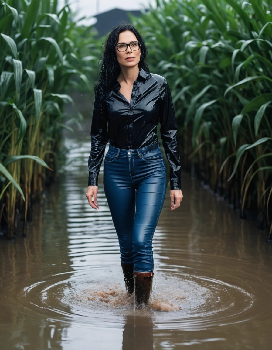 photo of young woman, in soaking wet, drenched clothes,
office shoes , long tight blue leather jeans shinning, black jeans shirt with long sleeves, walking in flooded plant, 
enjoying, wet clothes stuck to body,
detailed textures of the wet clothes, wet face, wet plastered hair,
wet, drenched, professional, high-quality details, full body view.
sharp focus, ultra-high pixel detail, realistic, high-quality, full colors, incredibly detailed, 4k, 8k, 16k, hyper-realistic, RAW photo, masterpiece, ultra-detailed, professionally color graded, professional photograph, woman 51 years old, long black hair, very big and thick lips, office glasses, complete body, open mouth,,, dry skin, dry clothes, dry fabric