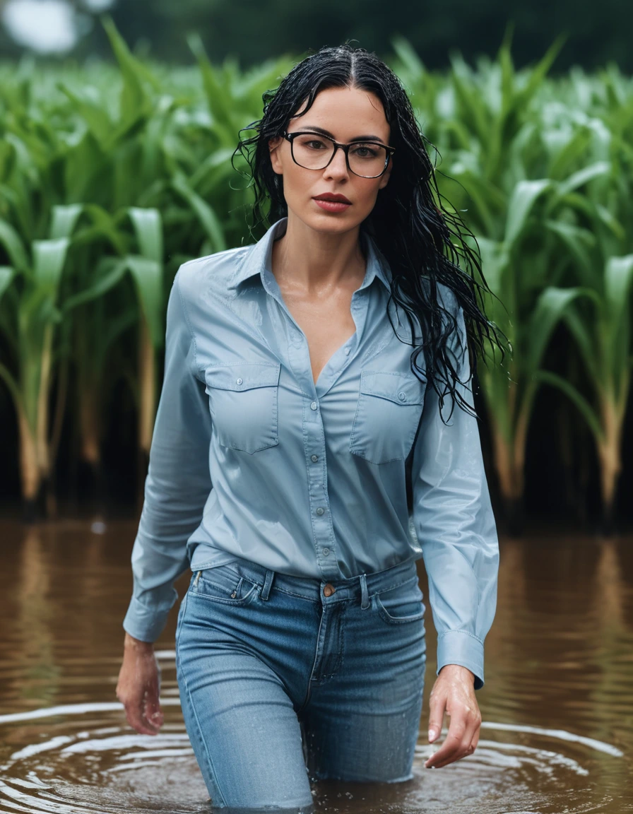 photo of young woman, in soaking wet, drenched clothes,
office shoes , long tight light blue jeans shinning, light blue jeans shirt with long sleeves, walking in flooded plant, 
enjoying, wet clothes stuck to body,
detailed textures of the wet clothes, wet face, wet plastered hair,
wet, drenched, professional, high-quality details, full body view.
sharp focus, ultra-high pixel detail, realistic, high-quality, full colors, incredibly detailed, 4k, 8k, 16k, hyper-realistic, RAW photo, masterpiece, ultra-detailed, professionally color graded, professional photograph, woman 51 years old, long black hair, very big and thick lips, office glasses, complete body, open mouth,, dry skin, dry clothes, dry fabric