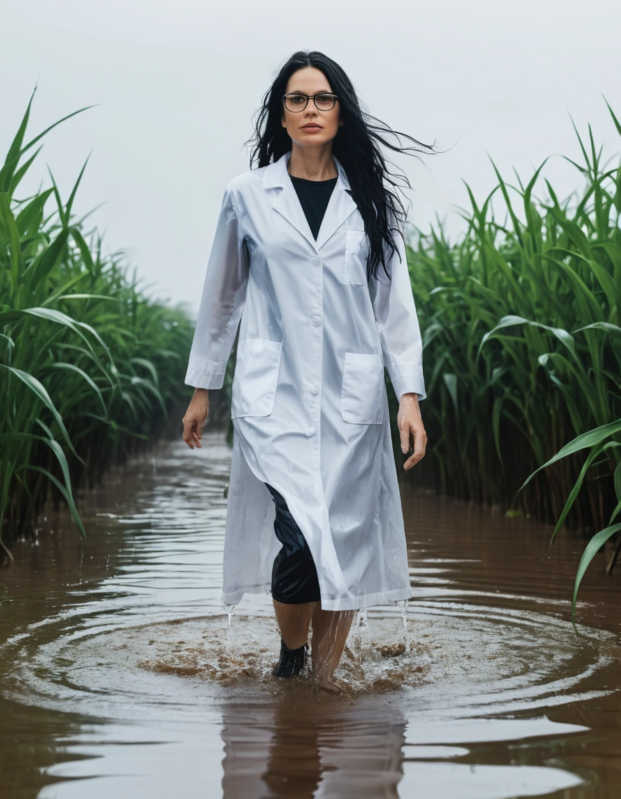 photo of young woman, in soaking wet, drenched clothes,
office shoes , white midi labcoat with long sleeves, white midi labcoat with long sleeves, walking complete submerged in flooded plant, 
enjoying, wet clothes stuck to body,
detailed textures of the wet clothes, wet face, wet plastered hair,
wet, drenched, professional, high-quality details, full body view.
sharp focus, ultra-high pixel detail, realistic, high-quality, full colors, incredibly detailed, 4k, 8k, 16k, hyper-realistic, RAW photo, masterpiece, ultra-detailed, professionally color graded, professional photograph, woman 51 years old, long black hair, very big and thick lips, office glasses, complete body, open mouth,, dry skin, dry clothes, dry fabric