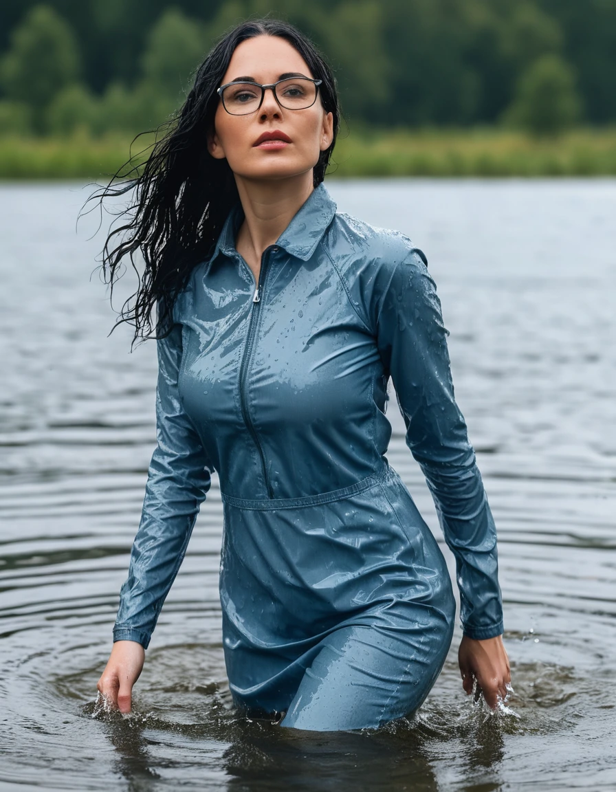 photo of young woman, in soaking wet, drenched clothes,
Sport shoes , midi tight light blue jeans dress, midi tight blue jeans dress, walking in deep suuny lake, 
enjoying, wet clothes stuck to body,
detailed textures of the wet clothes, wet face, wet plastered hair,
wet, drenched, professional, high-quality details, full body view.
sharp focus, ultra-high pixel detail, realistic, high-quality, full colors, incredibly detailed, 4k, 8k, 16k, hyper-realistic, RAW photo, masterpiece, ultra-detailed, professionally color graded, professional photograph, woman 51 years old, long black hair, very big and thick lips, office glasses, complete body, open mouth, dry skin, dry clothes, dry fabric