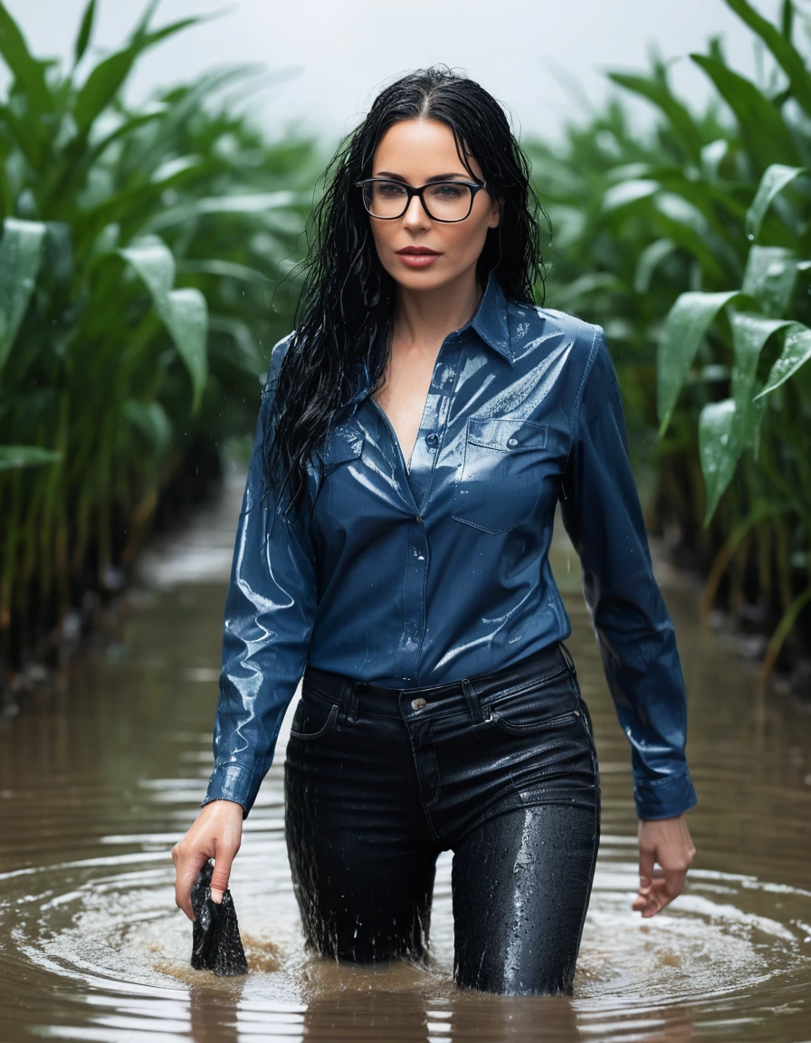 photo of young woman, in soaking wet, drenched clothes,
office shoes , long tight blue leather jeans shinning, black jeans shirt with long sleeves, walking in flooded plant, 
enjoying, wet clothes stuck to body,
detailed textures of the wet clothes, wet face, wet plastered hair,
wet, drenched, professional, high-quality details, full body view.
sharp focus, ultra-high pixel detail, realistic, high-quality, full colors, incredibly detailed, 4k, 8k, 16k, hyper-realistic, RAW photo, masterpiece, ultra-detailed, professionally color graded, professional photograph, woman 51 years old, long black hair, very big and thick lips, office glasses, complete body, open mouth,,, dry skin, dry clothes, dry fabric