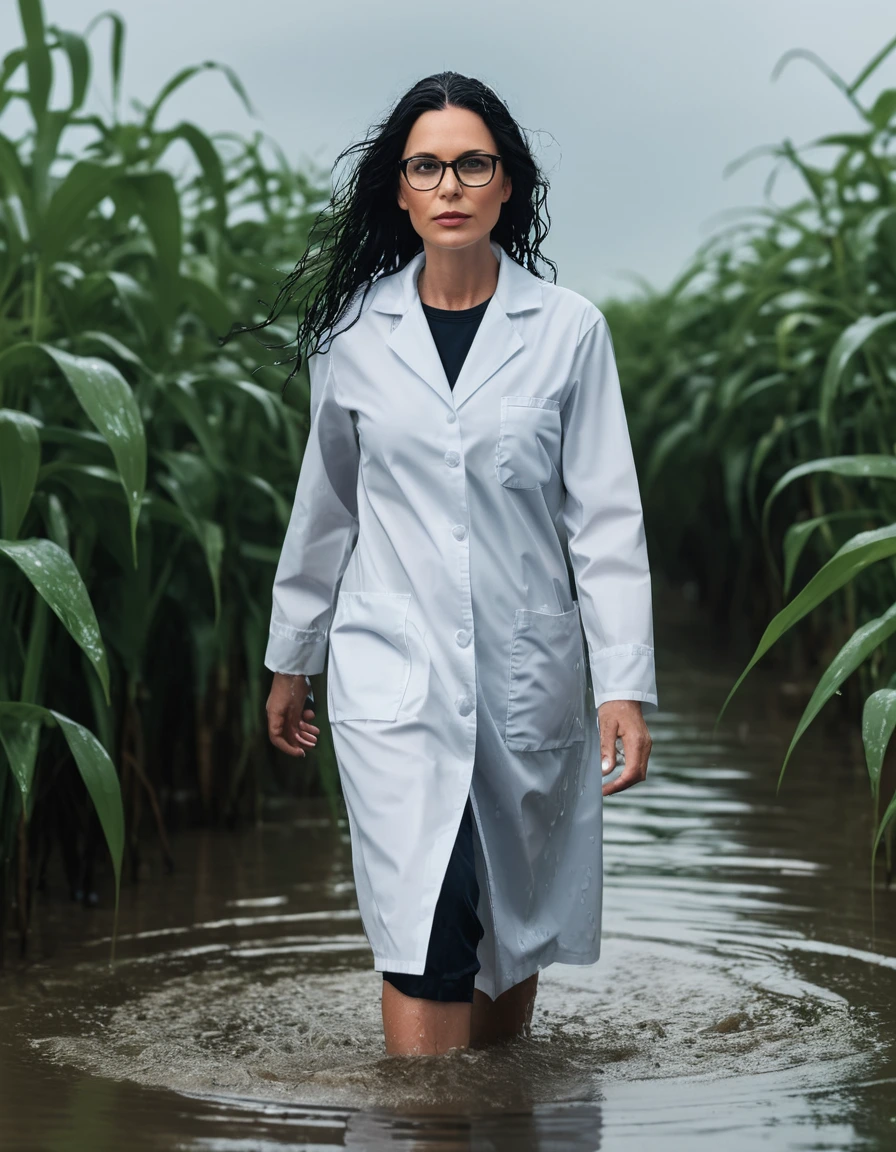 photo of young woman, in soaking wet, drenched clothes,
office shoes , white midi labcoat with long sleeves, white midi labcoat with long sleeves, walking submerged in flooded plant, 
enjoying, wet clothes stuck to body,
detailed textures of the wet clothes, wet face, wet plastered hair,
wet, drenched, professional, high-quality details, full body view.
sharp focus, ultra-high pixel detail, realistic, high-quality, full colors, incredibly detailed, 4k, 8k, 16k, hyper-realistic, RAW photo, masterpiece, ultra-detailed, professionally color graded, professional photograph, woman 51 years old, long black hair, very big and thick lips, office glasses, complete body, open mouth, dry skin, dry clothes, dry fabric