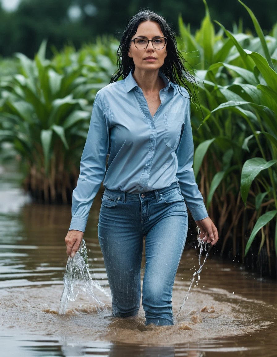 photo of young woman, in soaking wet, drenched clothes,
office shoes , long tight light blue jeans shinning, light blue jeans shirt with long sleeves, walking in flooded plant, 
enjoying, wet clothes stuck to body,
detailed textures of the wet clothes, wet face, wet plastered hair,
wet, drenched, professional, high-quality details, full body view.
sharp focus, ultra-high pixel detail, realistic, high-quality, full colors, incredibly detailed, 4k, 8k, 16k, hyper-realistic, RAW photo, masterpiece, ultra-detailed, professionally color graded, professional photograph, woman 51 years old, long black hair, very big and thick lips, office glasses, complete body, open mouth,, dry skin, dry clothes, dry fabric