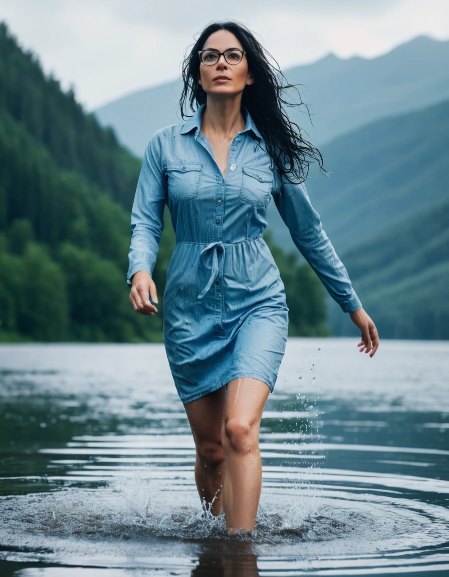 photo of young woman, in soaking wet, drenched clothes,
Sport shoes , midi tight light blue jeans dress, midi tight light blue jeans dress, walking in deep suuny lake, 
enjoying, wet clothes stuck to body,
detailed textures of the wet clothes, wet face, wet plastered hair,
wet, drenched, professional, high-quality details, full body view.
sharp focus, ultra-high pixel detail, realistic, high-quality, full colors, incredibly detailed, 4k, 8k, 16k, hyper-realistic, RAW photo, masterpiece, ultra-detailed, professionally color graded, professional photograph, woman 51 years old, long black hair, very big and thick lips, office glasses, complete body, open mouth,, dry skin, dry clothes, dry fabric, dry skin, dry clothes, dry fabric