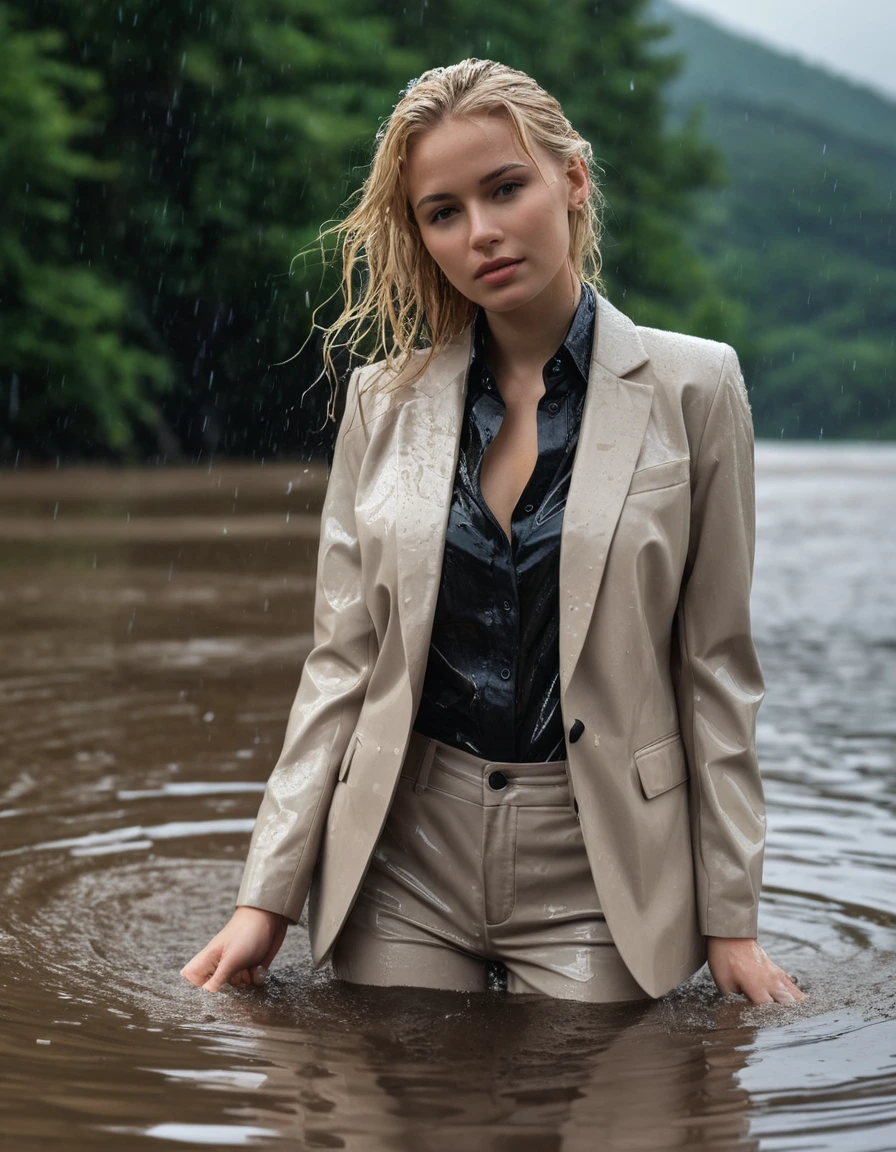photo of young woman, in soaking wet, drenched clothes,
Beige Long Business Trouser, Beige Business Suit Jacket with Black button down business shirt longsleeve, Clear Mountain lake with heavy rain, 
enjoying, wet clothes stuck to body,
detailed textures of the wet clothes, wet face, wet plastered hair,
wet, drenched, professional, high-quality details, full body view.
sharp focus, ultra-high pixel detail, realistic, high-quality, full colors, incredibly detailed, 4k, 8k, 16k, hyper-realistic, RAW photo, masterpiece, ultra-detailed, professionally color graded, professional photograph, young elegant beautiful white Blonde women, breast deep submerged, under a big rainshower, fully clothed, completely soaked, fully drenched, completely wet, wetlook, heavy rain, side parting, long hair, rain storm, looks confidently into camera,, dry skin, dry clothes, dry fabric