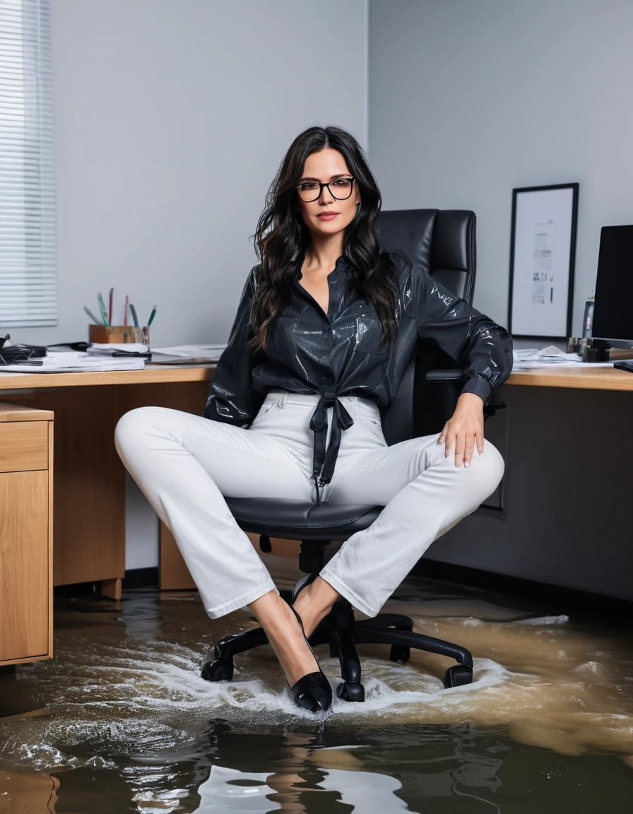 photo of young woman, in soaking wet, drenched clothes,
office shoes , long white jeans, black jeans shirt with long sleeves, in flooded office room on the swivel chair. Half meter water level in the office, 
enjoying, wet clothes stuck to body,
detailed textures of the wet clothes, wet face, wet plastered hair,
wet, drenched, professional, high-quality details, full body view.
sharp focus, ultra-high pixel detail, realistic, high-quality, full colors, incredibly detailed, 4k, 8k, 16k, hyper-realistic, RAW photo, masterpiece, ultra-detailed, professionally color graded, professional photograph, woman 51 years old, long black hair, very big and thick lips, office glasses, complete body, open mouth, dry skin, dry clothes, dry fabric