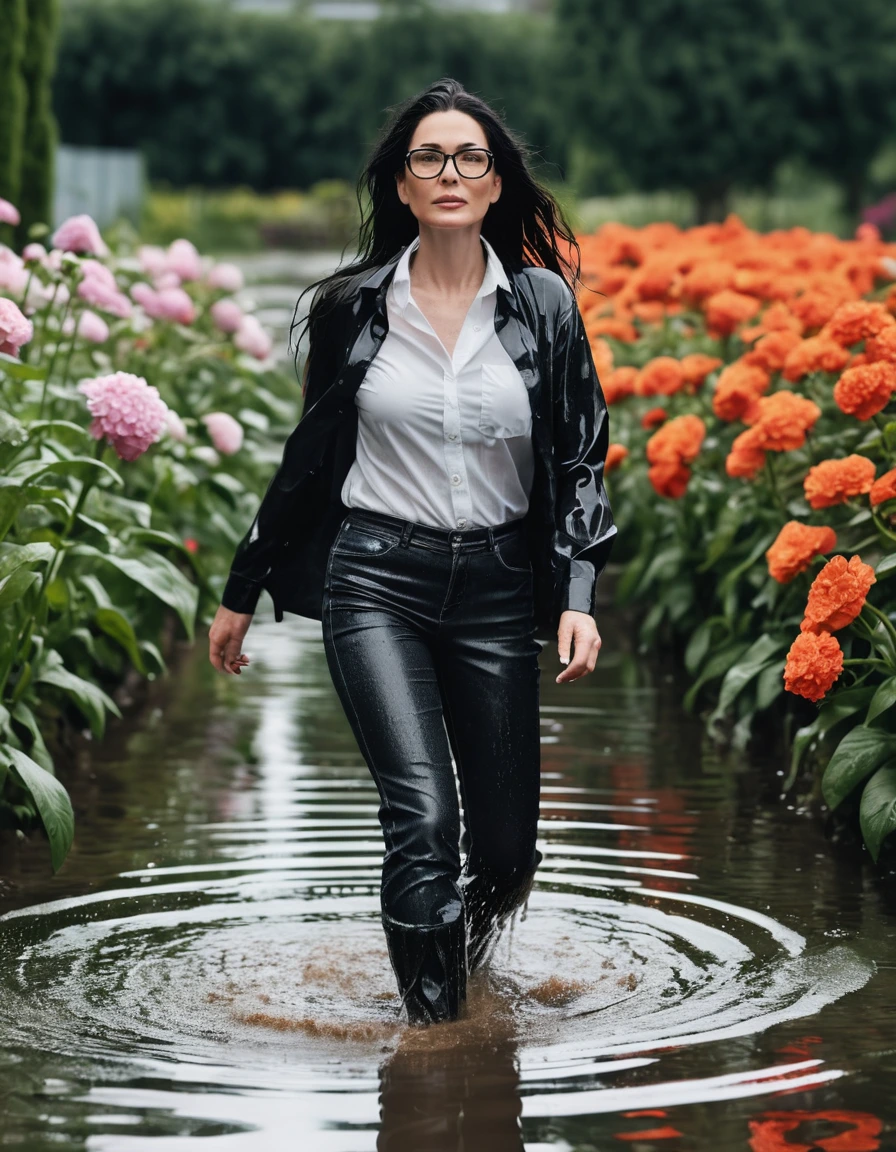 photo of young woman, in soaking wet, drenched clothes,
office shoes , long black jeans, black jeans shirt with long sleeves, walking in flooded flower garden, 
enjoying, wet clothes stuck to body,
detailed textures of the wet clothes, wet face, wet plastered hair,
wet, drenched, professional, high-quality details, full body view.
sharp focus, ultra-high pixel detail, realistic, high-quality, full colors, incredibly detailed, 4k, 8k, 16k, hyper-realistic, RAW photo, masterpiece, ultra-detailed, professionally color graded, professional photograph, woman 51 years old, long black hair, very big and thick lips, office glasses, complete body, open mouth,, dry skin, dry clothes, dry fabric