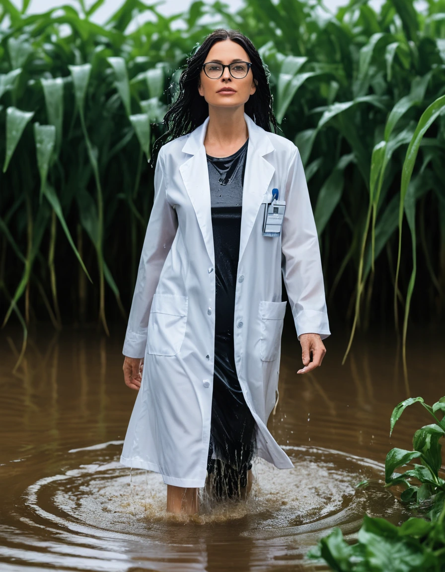 photo of young woman, in soaking wet, drenched clothes,
office shoes , white midi labcoat with long sleeves, white midi labcoat with long sleeves, walking submerged in flooded plant, 
enjoying, wet clothes stuck to body,
detailed textures of the wet clothes, wet face, wet plastered hair,
wet, drenched, professional, high-quality details, full body view.
sharp focus, ultra-high pixel detail, realistic, high-quality, full colors, incredibly detailed, 4k, 8k, 16k, hyper-realistic, RAW photo, masterpiece, ultra-detailed, professionally color graded, professional photograph, woman 51 years old, long black hair, very big and thick lips, office glasses, complete body, open mouth, dry skin, dry clothes, dry fabric