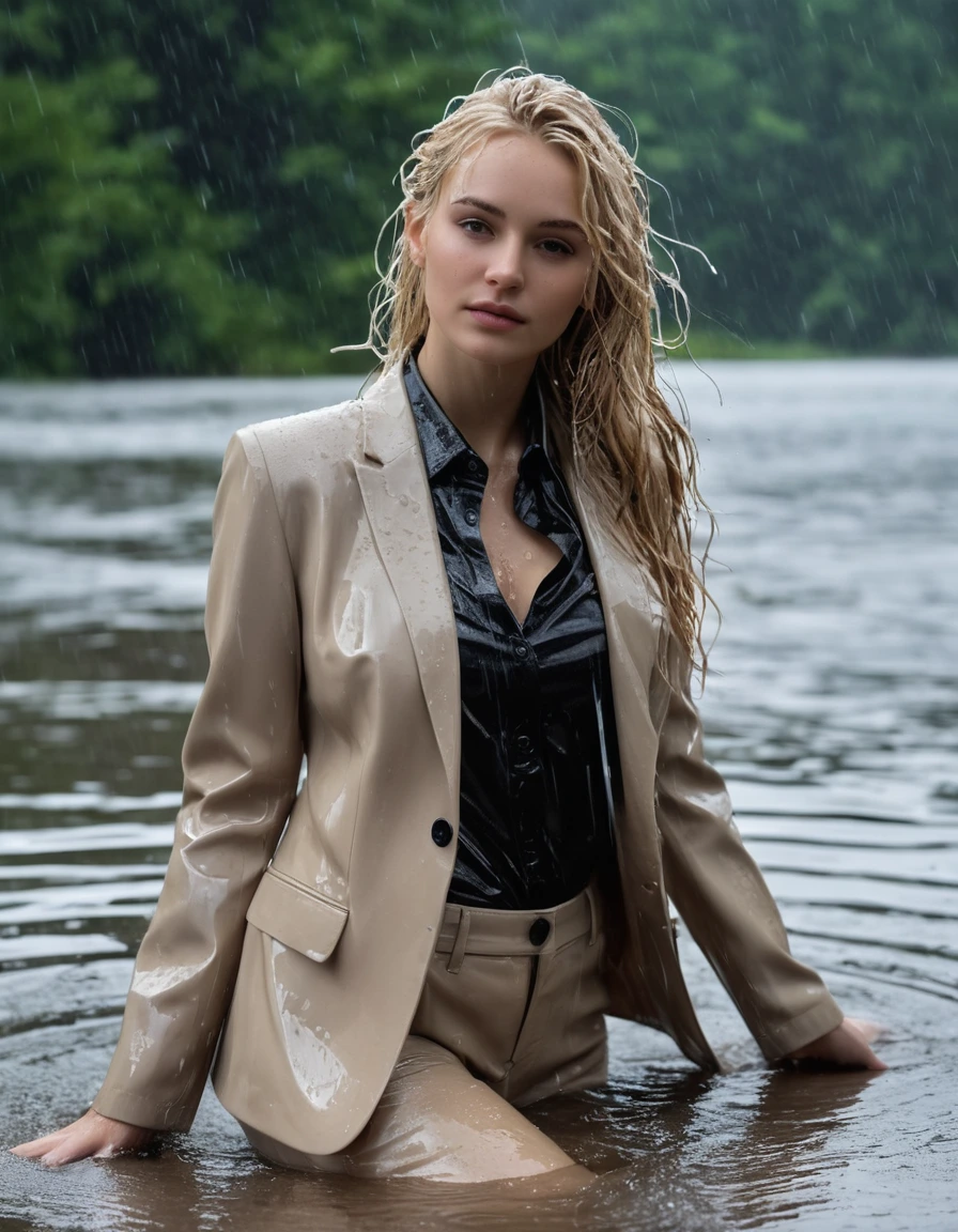 photo of young woman, in soaking wet, drenched clothes,
Beige Long Business Trouser, Beige Business Suit Jacket with Black button down business shirt longsleeve, Clear Mountain lake with heavy rain, 
enjoying, wet clothes stuck to body,
detailed textures of the wet clothes, wet face, wet plastered hair,
wet, drenched, professional, high-quality details, full body view.
sharp focus, ultra-high pixel detail, realistic, high-quality, full colors, incredibly detailed, 4k, 8k, 16k, hyper-realistic, RAW photo, masterpiece, ultra-detailed, professionally color graded, professional photograph, young elegant beautiful white Blonde women, breast deep submerged, under a big rainshower, fully clothed, completely soaked, fully drenched, completely wet, wetlook, heavy rain, side parting, long hair, rain storm, looks confidently into camera,, dry skin, dry clothes, dry fabric