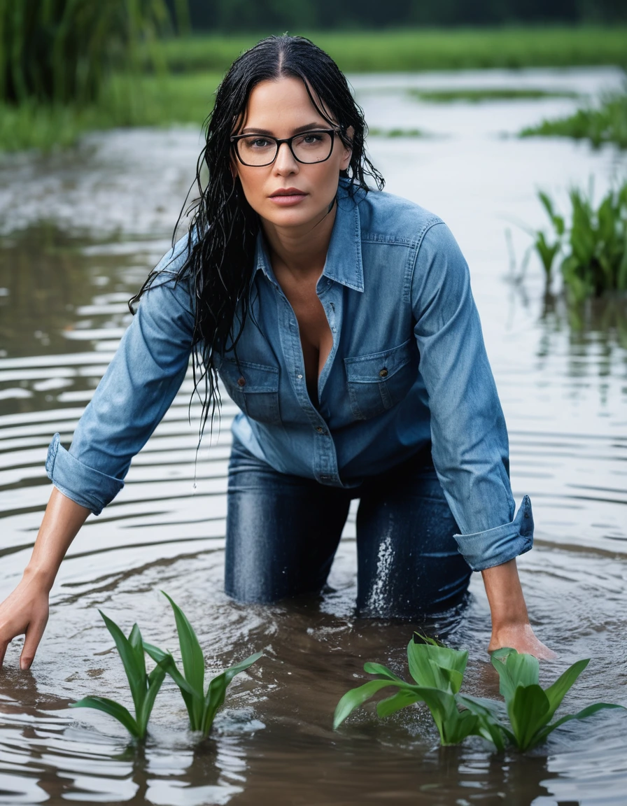 photo of young woman, in soaking wet, drenched clothes,
office shoes , long tight blue jeans shinning, blue jeans shirt with long sleeves, walking in flooded plant, 
enjoying, wet clothes stuck to body,
detailed textures of the wet clothes, wet face, wet plastered hair,
wet, drenched, professional, high-quality details, full body view.
sharp focus, ultra-high pixel detail, realistic, high-quality, full colors, incredibly detailed, 4k, 8k, 16k, hyper-realistic, RAW photo, masterpiece, ultra-detailed, professionally color graded, professional photograph, woman 51 years old, long black hair, very big and thick lips, office glasses, complete body, open mouth,, dry skin, dry clothes, dry fabric