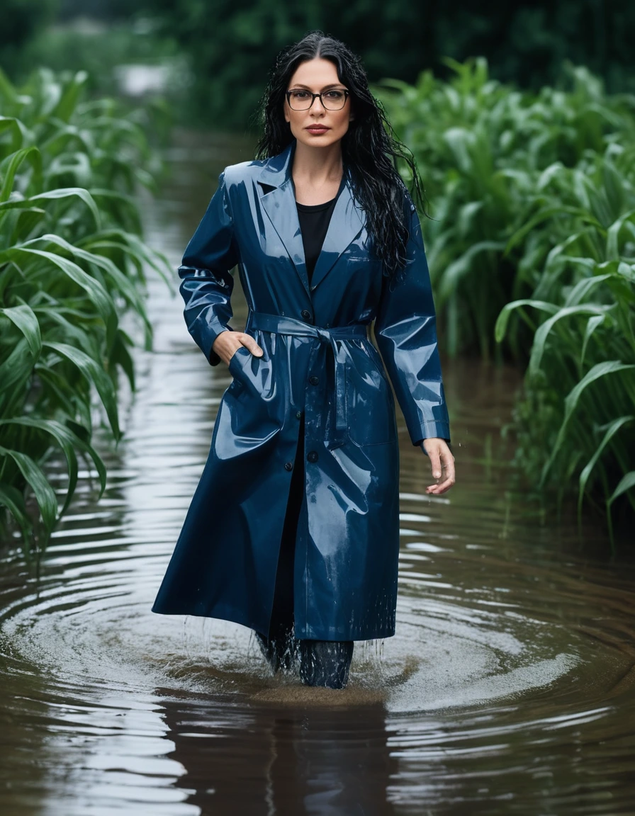 photo of young woman, in soaking wet, drenched clothes,
office shoes , long blue jeans shinning, dark blue midi labcoat with long sleeves, walking submerged in flooded plant, 
enjoying, wet clothes stuck to body,
detailed textures of the wet clothes, wet face, wet plastered hair,
wet, drenched, professional, high-quality details, full body view.
sharp focus, ultra-high pixel detail, realistic, high-quality, full colors, incredibly detailed, 4k, 8k, 16k, hyper-realistic, RAW photo, masterpiece, ultra-detailed, professionally color graded, professional photograph, woman 51 years old, long black hair, very big and thick lips, office glasses, complete body, open mouth,, dry skin, dry clothes, dry fabric
