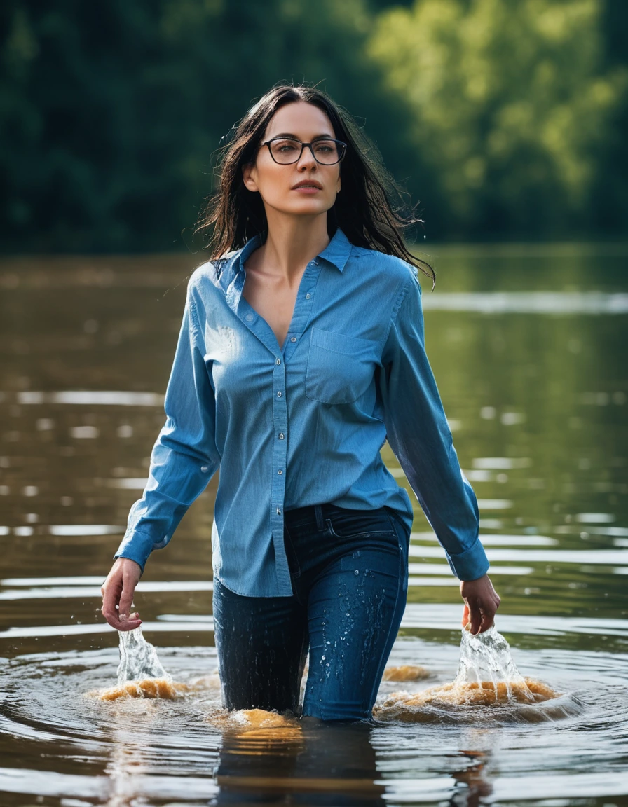 photo of young woman, in soaking wet, drenched clothes,
office shoes , long tight blue jeans shinning, blue jeans shirt with long sleeves, walking submerged in sunny deep lake, 
enjoying, wet clothes stuck to body,
detailed textures of the wet clothes, wet face, wet plastered hair,
wet, drenched, professional, high-quality details, full body view.
sharp focus, ultra-high pixel detail, realistic, high-quality, full colors, incredibly detailed, 4k, 8k, 16k, hyper-realistic, RAW photo, masterpiece, ultra-detailed, professionally color graded, professional photograph, woman 51 years old, long black hair, very big and thick lips, office glasses, complete body, open mouth,, dry skin, dry clothes, dry fabric
