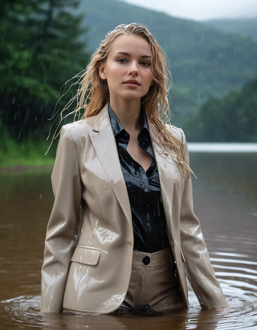 photo of young woman, in soaking wet, drenched clothes,
Beige Long Business Trouser, Beige Business Suit Jacket with Black button down business shirt longsleeve, Clear Mountain lake with heavy rain, 
enjoying, wet clothes stuck to body,
detailed textures of the wet clothes, wet face, wet plastered hair,
wet, drenched, professional, high-quality details, full body view.
sharp focus, ultra-high pixel detail, realistic, high-quality, full colors, incredibly detailed, 4k, 8k, 16k, hyper-realistic, RAW photo, masterpiece, ultra-detailed, professionally color graded, professional photograph, young elegant beautiful white Blonde women, breast deep submerged, under a big rainshower, fully clothed, completely soaked, fully drenched, completely wet, wetlook, heavy rain, side parting, long hair, rain storm, looks confidently into camera, dry skin, dry clothes, dry fabric
