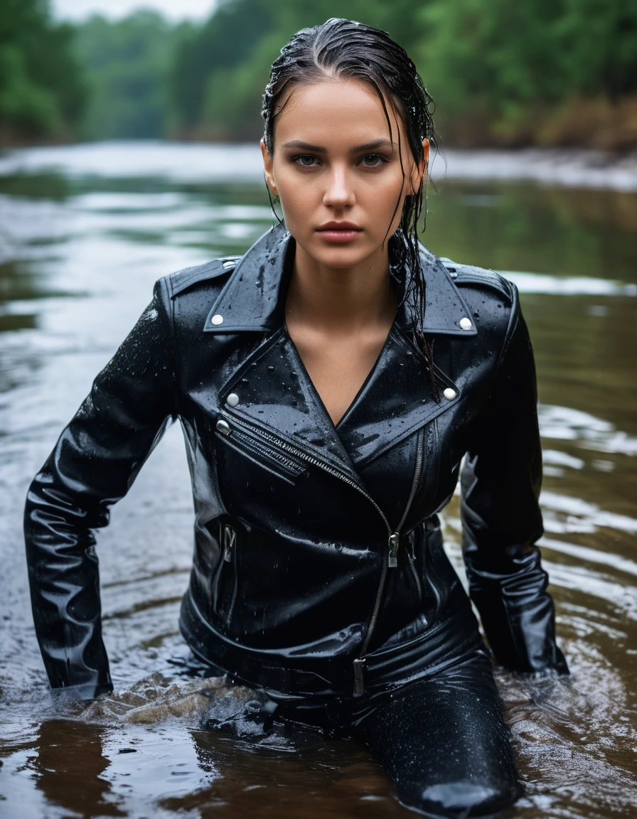 photo of young woman, in soaking wet, drenched clothes,
Black leather ankle boots, soaked and glistening , skin tight black leather jeans, saturated, black long sleeve leather shirt, black bikers leather jacket , snow covered forest, lying sbmerged in a river, head and sholders above the water, drenched, close up, 
enjoying, wet clothes stuck to body,
detailed textures of the wet clothes, wet face, wet plastered hair,
wet, drenched, professional, high-quality details, full body view.
sharp focus, ultra-high pixel detail, realistic, high-quality, full colors, incredibly detailed, 4k, 8k, 16k, hyper-realistic, RAW photo, masterpiece, ultra-detailed, professionally color graded, professional photograph, intense wind-driven rain, hyper-realistic water droplets, cinematic rim lighting, fabric transparency, high-fashion editorial aesthetic, drenched hair, dry skin, dry clothes, dry fabric