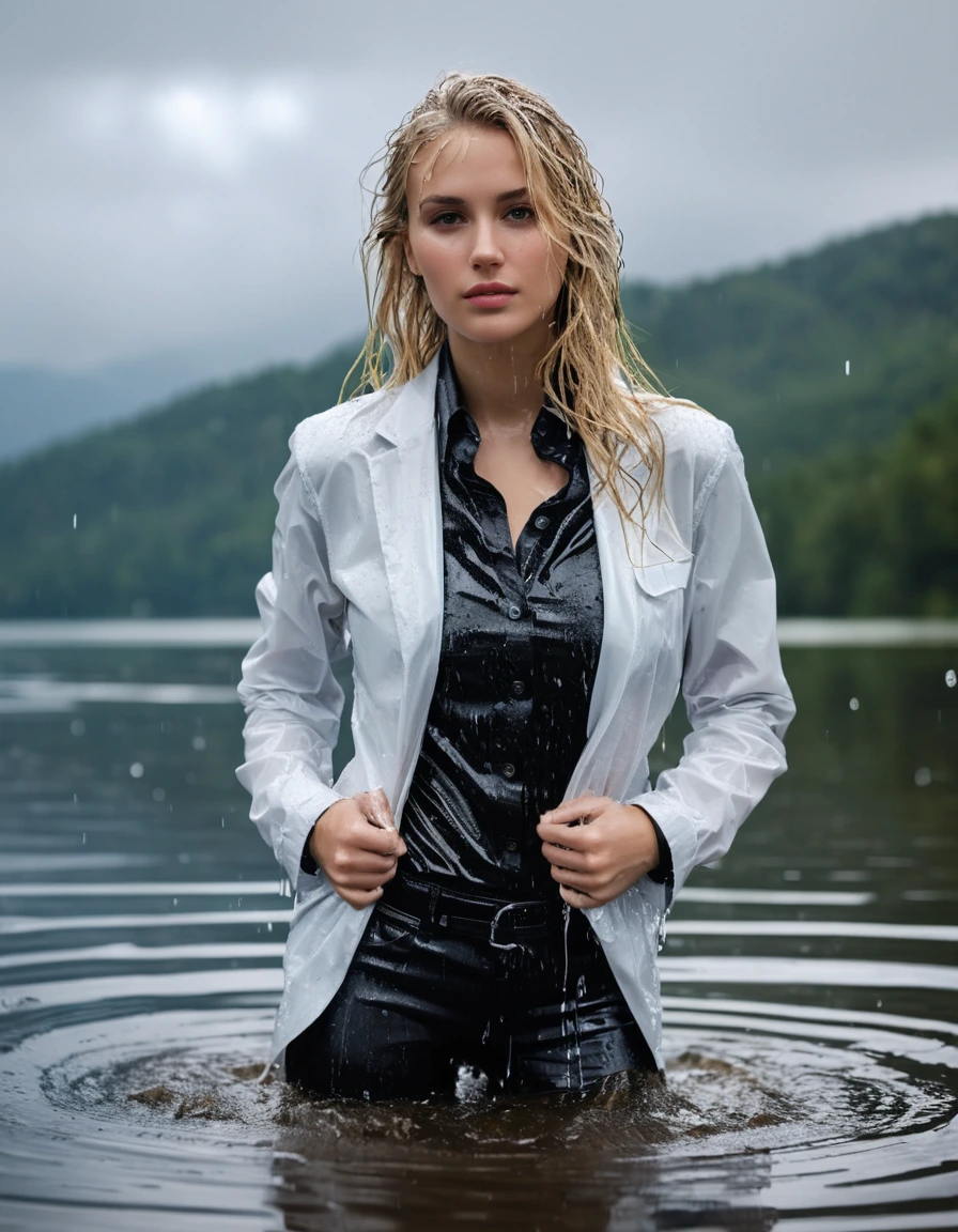photo of young woman, in soaking wet, drenched clothes,
Black Long Business Trouser, Black Business Suit Jacket with Black button down business shirt longsleeve, Clear Mountain lake with heavy rain, 
enjoying, wet clothes stuck to body,
detailed textures of the wet clothes, wet face, wet plastered hair,
wet, drenched, professional, high-quality details, full body view.
sharp focus, ultra-high pixel detail, realistic, high-quality, full colors, incredibly detailed, 4k, 8k, 16k, hyper-realistic, RAW photo, masterpiece, ultra-detailed, professionally color graded, professional photograph, young elegant beautiful white Blonde women, breast deep submerged, under a big rainshower, fully clothed, completely soaked, fully drenched, completely wet, wetlook, heavy rain, side parting, long hair, rain storm, looks confidently into camera, dry skin, dry clothes, dry fabric