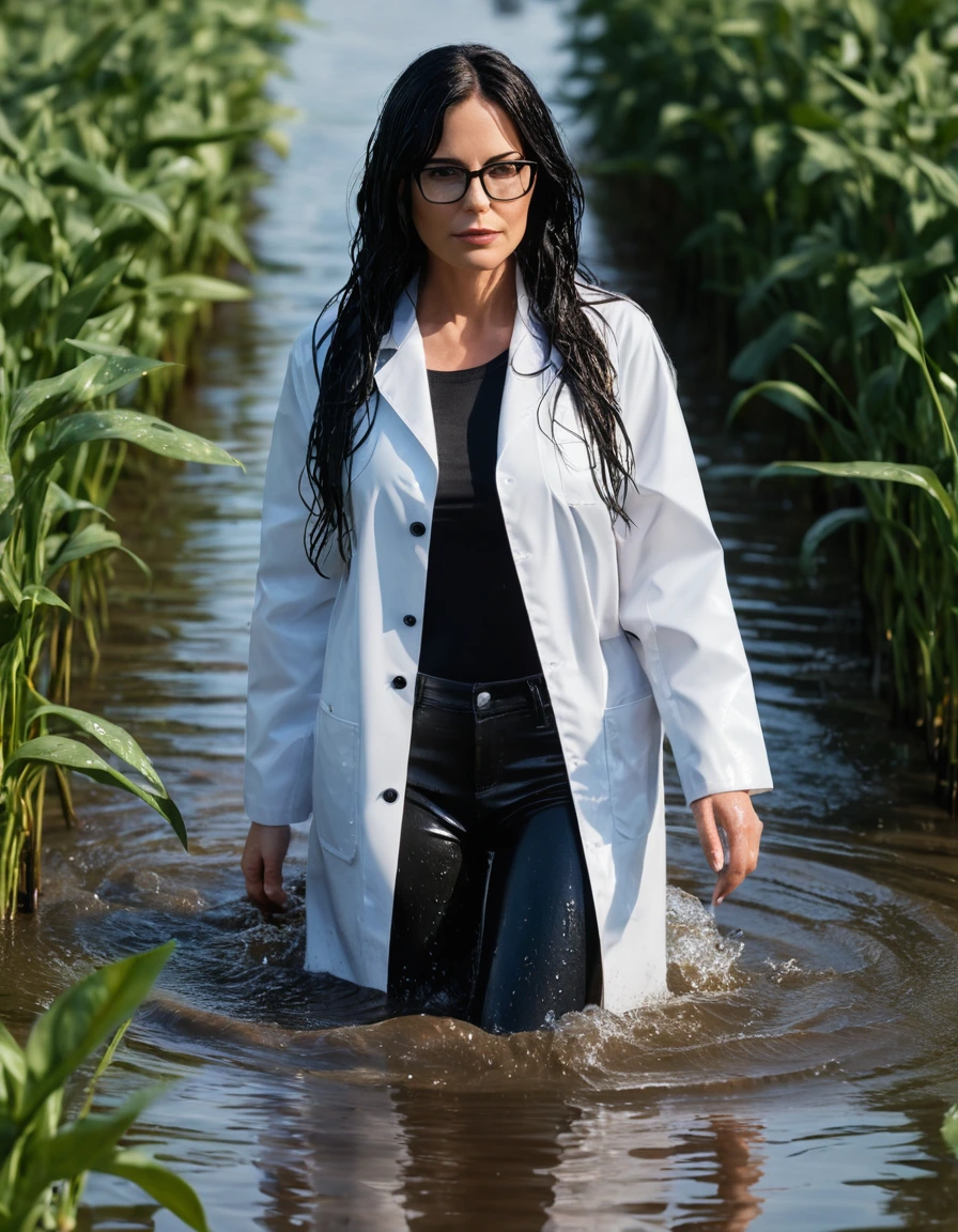 photo of young woman, in soaking wet, drenched clothes,
office shoes , long black latex jeans shinning, white labcoat with long sleeves, walking submerged in flooded plant, 
enjoying, wet clothes stuck to body,
detailed textures of the wet clothes, wet face, wet plastered hair,
wet, drenched, professional, high-quality details, full body view.
sharp focus, ultra-high pixel detail, realistic, high-quality, full colors, incredibly detailed, 4k, 8k, 16k, hyper-realistic, RAW photo, masterpiece, ultra-detailed, professionally color graded, professional photograph, woman 51 years old, long black hair, very big and thick lips, office glasses, complete body, open mouth,,, dry skin, dry clothes, dry fabric