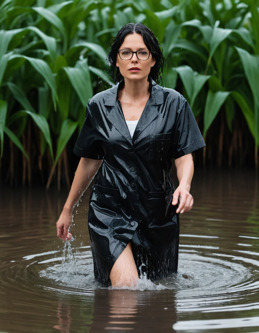 photo of young woman, in soaking wet, drenched clothes,
office shoes , black midi labcoat with short sleeves, black midi labcoat with short sleeves, walking submerged in flooded plant, 
enjoying, wet clothes stuck to body,
detailed textures of the wet clothes, wet face, wet plastered hair,
wet, drenched, professional, high-quality details, full body view.
sharp focus, ultra-high pixel detail, realistic, high-quality, full colors, incredibly detailed, 4k, 8k, 16k, hyper-realistic, RAW photo, masterpiece, ultra-detailed, professionally color graded, professional photograph, woman 51 years old, long black hair, very big and thick lips, office glasses, complete body, open mouth, dry skin, dry clothes, dry fabric