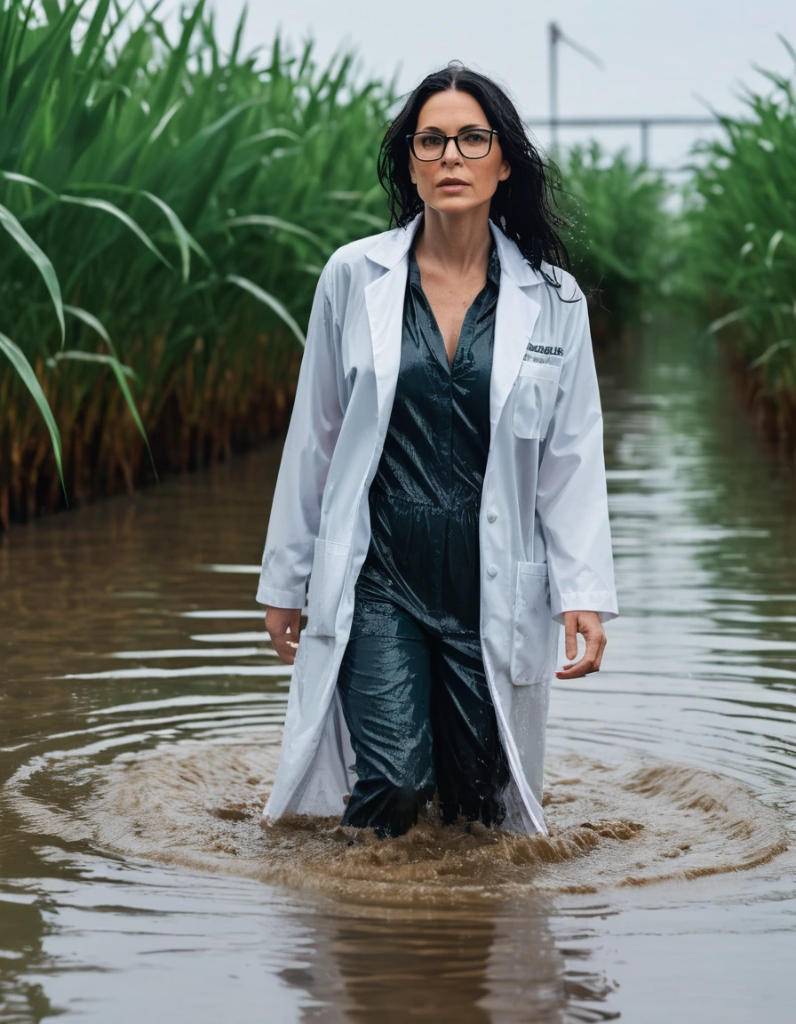 photo of young woman, in soaking wet, drenched clothes,
office shoes , white midi labcoat with long sleeves, white midi labcoat with long sleeves, walking submerged in flooded plant, 
enjoying, wet clothes stuck to body,
detailed textures of the wet clothes, wet face, wet plastered hair,
wet, drenched, professional, high-quality details, full body view.
sharp focus, ultra-high pixel detail, realistic, high-quality, full colors, incredibly detailed, 4k, 8k, 16k, hyper-realistic, RAW photo, masterpiece, ultra-detailed, professionally color graded, professional photograph, woman 51 years old, long black hair, very big and thick lips, office glasses, complete body, open mouth,, dry skin, dry clothes, dry fabric