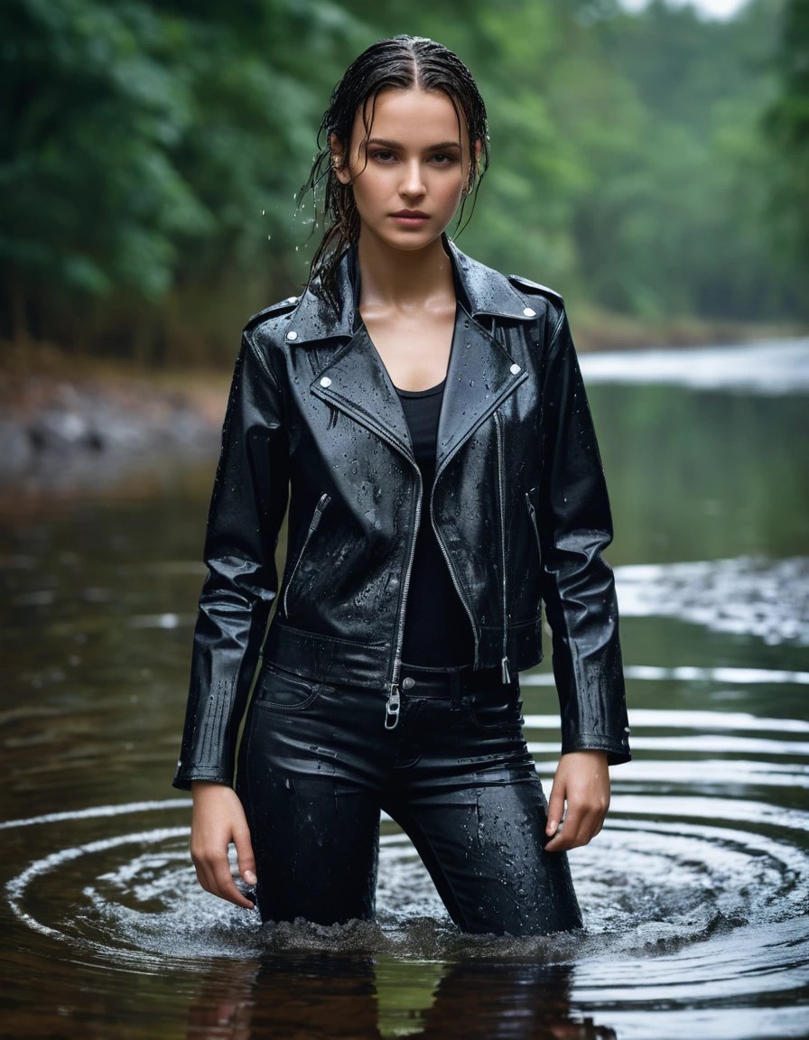photo of young woman, in soaking wet, drenched clothes,
Black leather ankle boots, soaked and glistening , skin tight black leather jeans, saturated, black long sleeve leather shirt, black bikers leather jacket , snow covered forest, lying sbmerged in a river, head and sholders above the water, drenched, close up, 
enjoying, wet clothes stuck to body,
detailed textures of the wet clothes, wet face, wet plastered hair,
wet, drenched, professional, high-quality details, full body view.
sharp focus, ultra-high pixel detail, realistic, high-quality, full colors, incredibly detailed, 4k, 8k, 16k, hyper-realistic, RAW photo, masterpiece, ultra-detailed, professionally color graded, professional photograph, intense wind-driven rain, hyper-realistic water droplets, cinematic rim lighting, fabric transparency, high-fashion editorial aesthetic, drenched hair, dry skin, dry clothes, dry fabric
