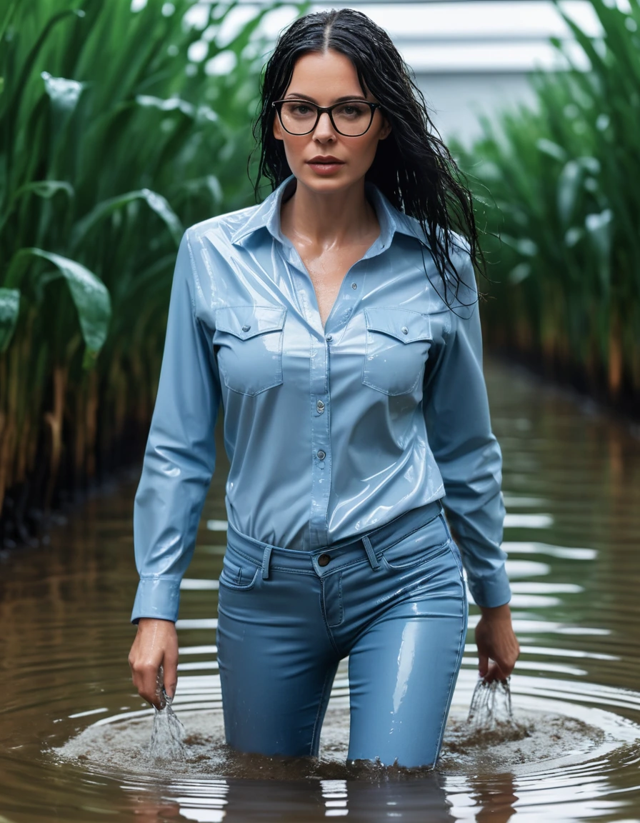 photo of young woman, in soaking wet, drenched clothes,
office shoes , long tight light blue leather jeans shinning, light blue jeans shirt with long sleeves, walking in flooded plant, 
enjoying, wet clothes stuck to body,
detailed textures of the wet clothes, wet face, wet plastered hair,
wet, drenched, professional, high-quality details, full body view.
sharp focus, ultra-high pixel detail, realistic, high-quality, full colors, incredibly detailed, 4k, 8k, 16k, hyper-realistic, RAW photo, masterpiece, ultra-detailed, professionally color graded, professional photograph, woman 51 years old, long black hair, very big and thick lips, office glasses, complete body, open mouth,,, dry skin, dry clothes, dry fabric
