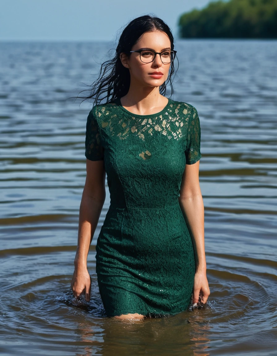 photo of young woman, in soaking wet, drenched clothes,
office shoes , tight midi dark green lace t-shirt dress with short sleeves, tight midi dark green lace t-shirt dress with short sleeves, walking submerged in sunny lake, 
enjoying, wet clothes stuck to body,
detailed textures of the wet clothes, wet face, wet plastered hair,
wet, drenched, professional, high-quality details, full body view.
sharp focus, ultra-high pixel detail, realistic, high-quality, full colors, incredibly detailed, 4k, 8k, 16k, hyper-realistic, RAW photo, masterpiece, ultra-detailed, professionally color graded, professional photograph, woman 51 years old, long black hair, very big and thick lips, office glasses, complete body, open mouth, dry skin, dry clothes, dry fabric