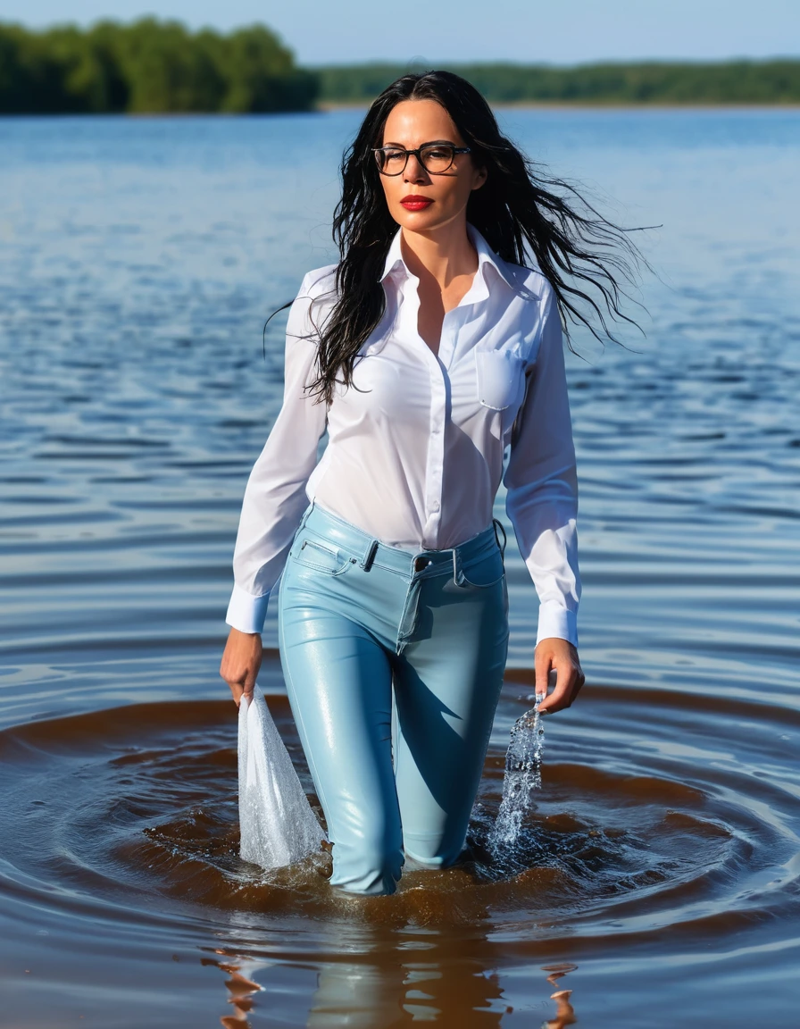 photo of young woman, in soaking wet, drenched clothes,
office shoes , long tight light blue leather jeans shinning, white satin shirt with long sleeves, walking submerged in sunny lake, 
enjoying, wet clothes stuck to body,
detailed textures of the wet clothes, wet face, wet plastered hair,
wet, drenched, professional, high-quality details, full body view.
sharp focus, ultra-high pixel detail, realistic, high-quality, full colors, incredibly detailed, 4k, 8k, 16k, hyper-realistic, RAW photo, masterpiece, ultra-detailed, professionally color graded, professional photograph, woman 51 years old, long black hair, very big and thick lips, office glasses, complete body, open mouth, dry skin, dry clothes, dry fabric