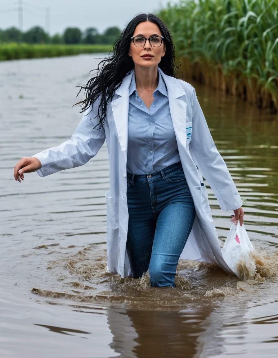 photo of young woman, in soaking wet, drenched clothes,
office shoes , long tight blue jeans shinning, white midi labcoat with long sleeves, walking submerged in flooded plant, 
enjoying, wet clothes stuck to body,
detailed textures of the wet clothes, wet face, wet plastered hair,
wet, drenched, professional, high-quality details, full body view.
sharp focus, ultra-high pixel detail, realistic, high-quality, full colors, incredibly detailed, 4k, 8k, 16k, hyper-realistic, RAW photo, masterpiece, ultra-detailed, professionally color graded, professional photograph, woman 51 years old, long black hair, very big and thick lips, office glasses, complete body, open mouth,, dry skin, dry clothes, dry fabric