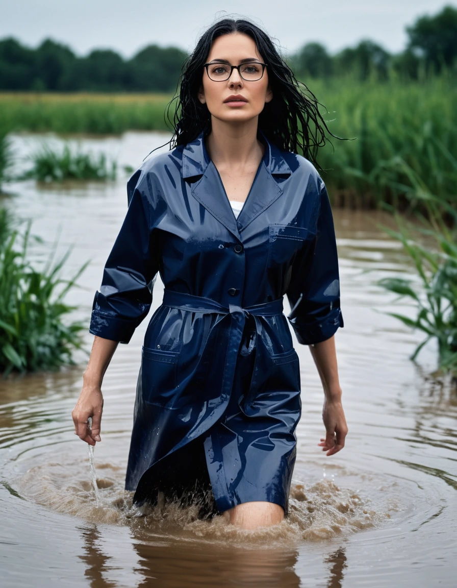 photo of young woman, in soaking wet, drenched clothes,
office shoes , tight dark blue midi labcoat with sleeves, tight dark blue midi labcoat with sleeves, walking submerged in flooded plant, 
enjoying, wet clothes stuck to body,
detailed textures of the wet clothes, wet face, wet plastered hair,
wet, drenched, professional, high-quality details, full body view.
sharp focus, ultra-high pixel detail, realistic, high-quality, full colors, incredibly detailed, 4k, 8k, 16k, hyper-realistic, RAW photo, masterpiece, ultra-detailed, professionally color graded, professional photograph, woman 51 years old, long black hair, very big and thick lips, office glasses, complete body, open mouth,, dry skin, dry clothes, dry fabric
