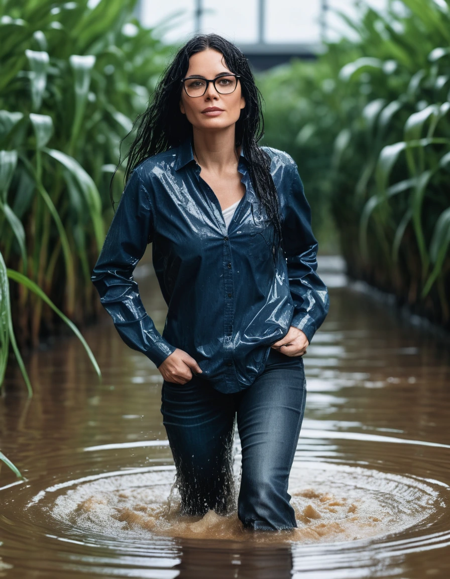 photo of young woman, in soaking wet, drenched clothes,
office shoes , long tight blue jeans shinning, black jeans shirt with long sleeves, walking in flooded plant, 
enjoying, wet clothes stuck to body,
detailed textures of the wet clothes, wet face, wet plastered hair,
wet, drenched, professional, high-quality details, full body view.
sharp focus, ultra-high pixel detail, realistic, high-quality, full colors, incredibly detailed, 4k, 8k, 16k, hyper-realistic, RAW photo, masterpiece, ultra-detailed, professionally color graded, professional photograph, woman 51 years old, long black hair, very big and thick lips, office glasses, complete body, open mouth,, dry skin, dry clothes, dry fabric