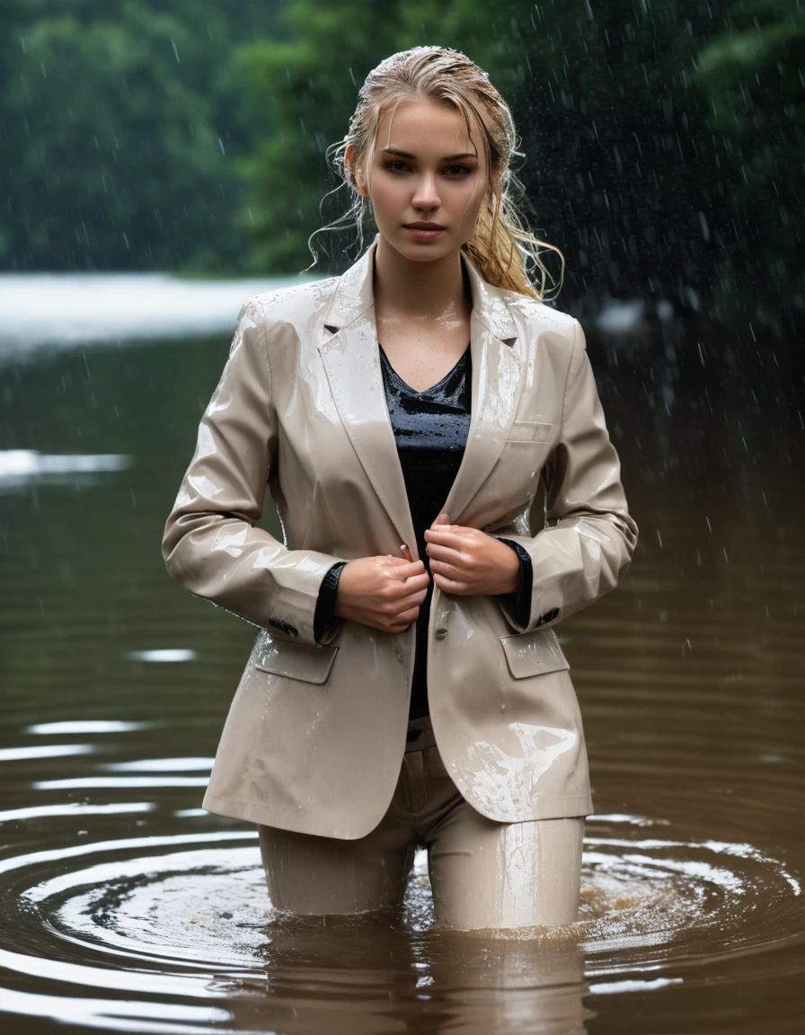 photo of young woman, in soaking wet, drenched clothes,
Beige Long Business Trouser, Beige Business Suit Jacket with Black button down business shirt longsleeve, Clear Mountain lake with heavy rain, 
enjoying, wet clothes stuck to body,
detailed textures of the wet clothes, wet face, wet plastered hair,
wet, drenched, professional, high-quality details, full body view.
sharp focus, ultra-high pixel detail, realistic, high-quality, full colors, incredibly detailed, 4k, 8k, 16k, hyper-realistic, RAW photo, masterpiece, ultra-detailed, professionally color graded, professional photograph, young elegant beautiful white Blonde women, breast deep submerged, under a big rainshower, fully clothed, completely soaked, fully drenched, completely wet, wetlook, heavy rain, side parting, long hair, rain storm, looks confidently into camera, dry skin, dry clothes, dry fabric