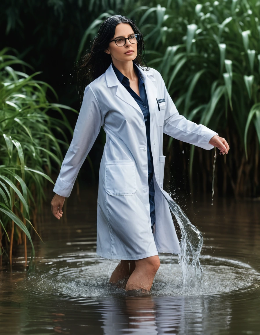 photo of young woman, in soaking wet, drenched clothes,
office shoes , white midi labcoat with long sleeves, white midi labcoat with long sleeves, walking complete submerged in deep flooded plant under hard, 
enjoying, wet clothes stuck to body,
detailed textures of the wet clothes, wet face, wet plastered hair,
wet, drenched, professional, high-quality details, full body view.
sharp focus, ultra-high pixel detail, realistic, high-quality, full colors, incredibly detailed, 4k, 8k, 16k, hyper-realistic, RAW photo, masterpiece, ultra-detailed, professionally color graded, professional photograph, woman 51 years old, long black hair, very big and thick lips, office glasses, complete body, open mouth,, dry skin, dry clothes, dry fabric, dry skin, dry clothes, dry fabric