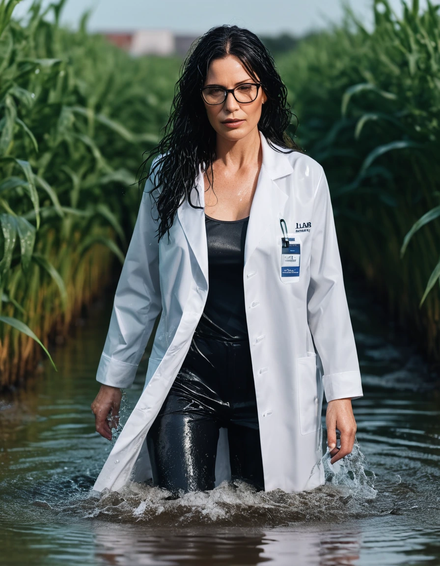photo of young woman, in soaking wet, drenched clothes,
office shoes , white midi labcoat with long sleeves, white midi labcoat with long sleeves, walking submerged in flooded plant, 
enjoying, wet clothes stuck to body,
detailed textures of the wet clothes, wet face, wet plastered hair,
wet, drenched, professional, high-quality details, full body view.
sharp focus, ultra-high pixel detail, realistic, high-quality, full colors, incredibly detailed, 4k, 8k, 16k, hyper-realistic, RAW photo, masterpiece, ultra-detailed, professionally color graded, professional photograph, woman 51 years old, long black hair, very big and thick lips, office glasses, complete body, open mouth, dry skin, dry clothes, dry fabric