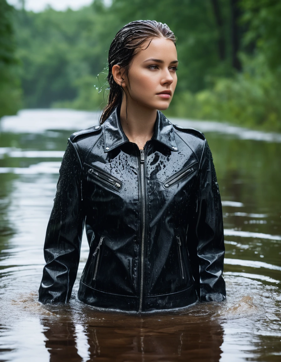 photo of young woman, in soaking wet, drenched clothes,
Black leather ankle boots, soaked and glistening , skin tight black leather jeans, saturated, black long sleeve leather shirt, black bikers leather jacket , snow covered forest, lying sbmerged in a river, head and sholders above the water, drenched, close up, 
enjoying, wet clothes stuck to body,
detailed textures of the wet clothes, wet face, wet plastered hair,
wet, drenched, professional, high-quality details, full body view.
sharp focus, ultra-high pixel detail, realistic, high-quality, full colors, incredibly detailed, 4k, 8k, 16k, hyper-realistic, RAW photo, masterpiece, ultra-detailed, professionally color graded, professional photograph, intense wind-driven rain, hyper-realistic water droplets, cinematic rim lighting, fabric transparency, high-fashion editorial aesthetic, drenched hair, dry skin, dry clothes, dry fabric