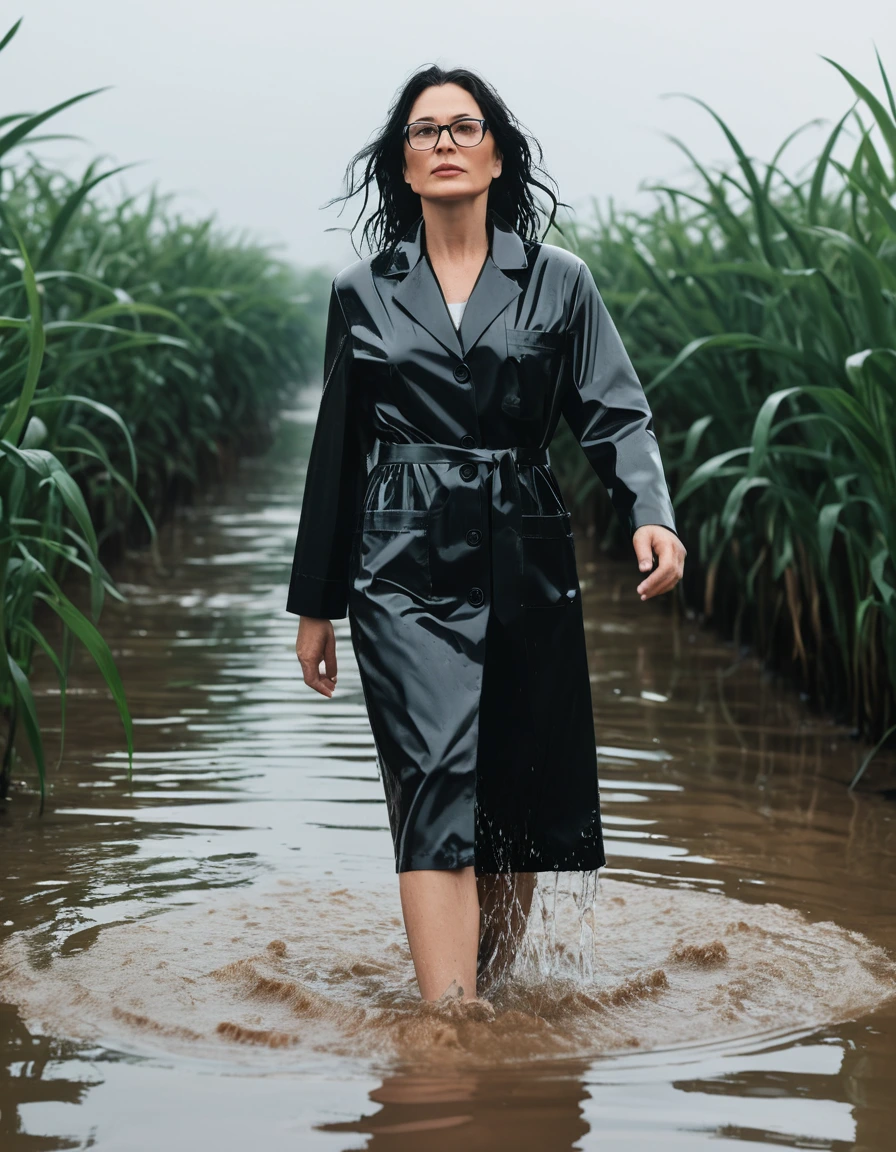 photo of young woman, in soaking wet, drenched clothes,
office shoes , black midi labcoat with long sleeves, black midi labcoat with long sleeves, walking submerged in flooded plant, 
enjoying, wet clothes stuck to body,
detailed textures of the wet clothes, wet face, wet plastered hair,
wet, drenched, professional, high-quality details, full body view.
sharp focus, ultra-high pixel detail, realistic, high-quality, full colors, incredibly detailed, 4k, 8k, 16k, hyper-realistic, RAW photo, masterpiece, ultra-detailed, professionally color graded, professional photograph, woman 51 years old, long black hair, very big and thick lips, office glasses, complete body, open mouth, dry skin, dry clothes, dry fabric