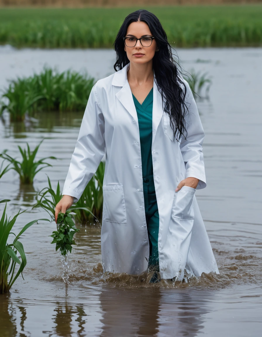 photo of young woman, in soaking wet, drenched clothes,
office shoes , white midi labcoat with long sleeves, white midi labcoat with long sleeves, walking complete submerged in flooded plant, 
enjoying, wet clothes stuck to body,
detailed textures of the wet clothes, wet face, wet plastered hair,
wet, drenched, professional, high-quality details, full body view.
sharp focus, ultra-high pixel detail, realistic, high-quality, full colors, incredibly detailed, 4k, 8k, 16k, hyper-realistic, RAW photo, masterpiece, ultra-detailed, professionally color graded, professional photograph, woman 51 years old, long black hair, very big and thick lips, office glasses, complete body, open mouth,, dry skin, dry clothes, dry fabric