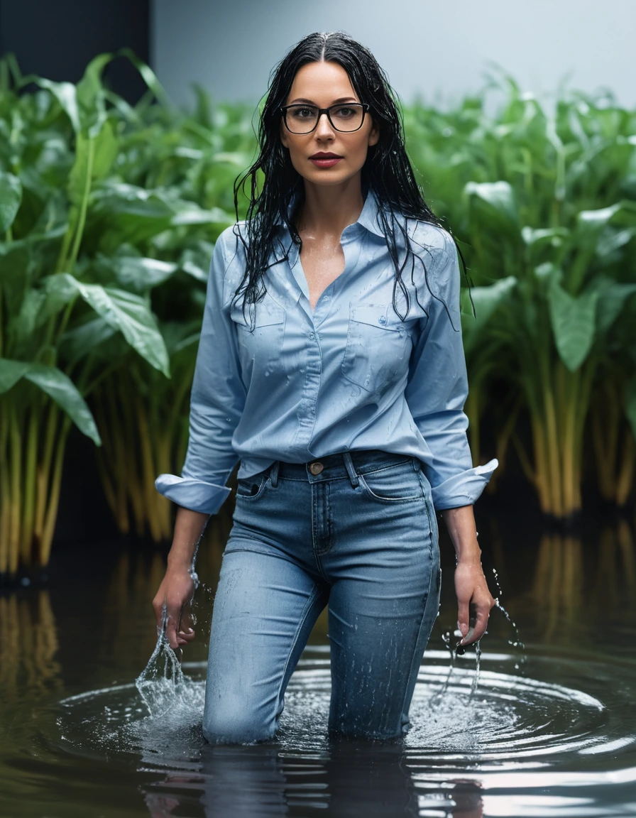 photo of young woman, in soaking wet, drenched clothes,
office shoes , long tight light blue jeans shinning, blue light jeans shirt with long sleeves, walking in flooded plant, 
enjoying, wet clothes stuck to body,
detailed textures of the wet clothes, wet face, wet plastered hair,
wet, drenched, professional, high-quality details, full body view.
sharp focus, ultra-high pixel detail, realistic, high-quality, full colors, incredibly detailed, 4k, 8k, 16k, hyper-realistic, RAW photo, masterpiece, ultra-detailed, professionally color graded, professional photograph, woman 51 years old, long black hair, very big and thick lips, office glasses, complete body, open mouth, dry skin, dry clothes, dry fabric