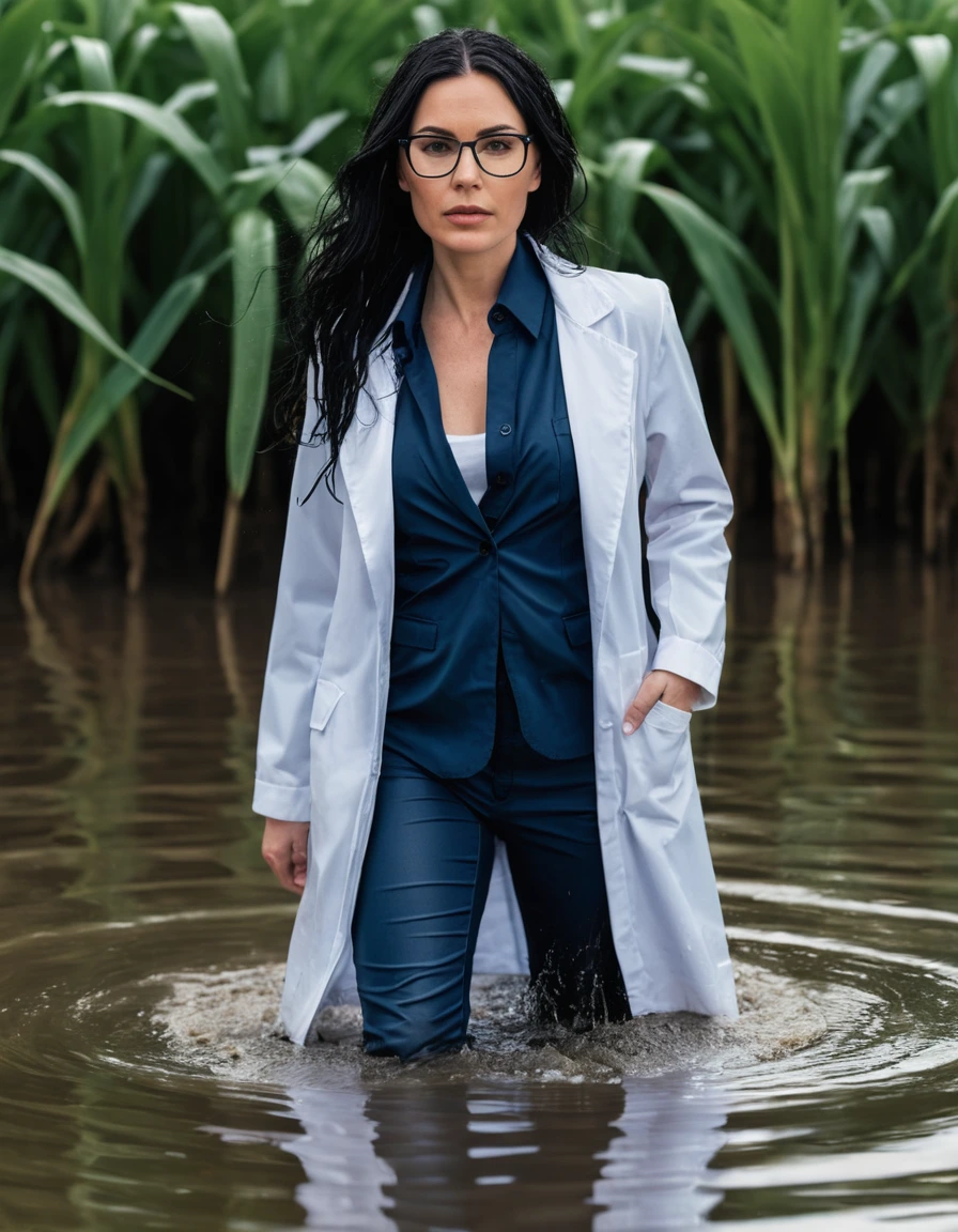 photo of young woman, in soaking wet, drenched clothes,
office shoes , long white jeans shinning, dark blue midi labcoat with long sleeves, walking submerged in flooded plant, 
enjoying, wet clothes stuck to body,
detailed textures of the wet clothes, wet face, wet plastered hair,
wet, drenched, professional, high-quality details, full body view.
sharp focus, ultra-high pixel detail, realistic, high-quality, full colors, incredibly detailed, 4k, 8k, 16k, hyper-realistic, RAW photo, masterpiece, ultra-detailed, professionally color graded, professional photograph, woman 51 years old, long black hair, very big and thick lips, office glasses, complete body, open mouth,, dry skin, dry clothes, dry fabric