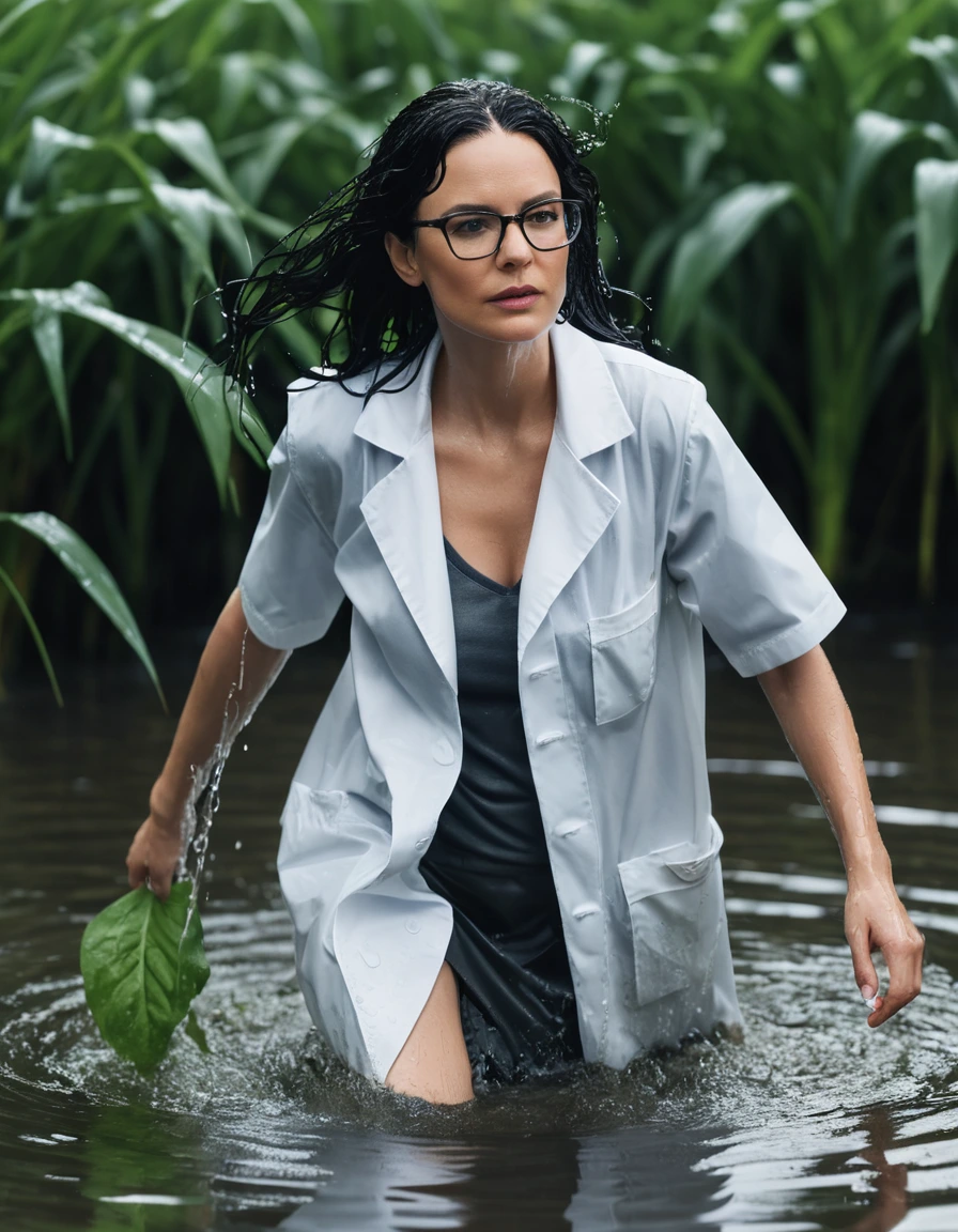photo of young woman, in soaking wet, drenched clothes,
office shoes , white midi labcoat with short sleeves, white midi labcoat with short sleeves, walking submerged in flooded plant, 
enjoying, wet clothes stuck to body,
detailed textures of the wet clothes, wet face, wet plastered hair,
wet, drenched, professional, high-quality details, full body view.
sharp focus, ultra-high pixel detail, realistic, high-quality, full colors, incredibly detailed, 4k, 8k, 16k, hyper-realistic, RAW photo, masterpiece, ultra-detailed, professionally color graded, professional photograph, woman 51 years old, long black hair, very big and thick lips, office glasses, complete body, open mouth, dry skin, dry clothes, dry fabric