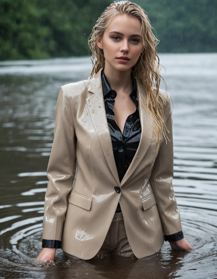 photo of young woman, in soaking wet, drenched clothes,
Beige Long Business Trouser, Beige Business Suit Jacket with Black button down business shirt longsleeve, Clear Mountain lake with heavy rain, 
enjoying, wet clothes stuck to body,
detailed textures of the wet clothes, wet face, wet plastered hair,
wet, drenched, professional, high-quality details, full body view.
sharp focus, ultra-high pixel detail, realistic, high-quality, full colors, incredibly detailed, 4k, 8k, 16k, hyper-realistic, RAW photo, masterpiece, ultra-detailed, professionally color graded, professional photograph, young elegant beautiful white Blonde women, breast deep submerged, under a big rainshower, fully clothed, completely soaked, fully drenched, completely wet, wetlook, heavy rain, side parting, long hair, rain storm, looks confidently into camera,, dry skin, dry clothes, dry fabric
