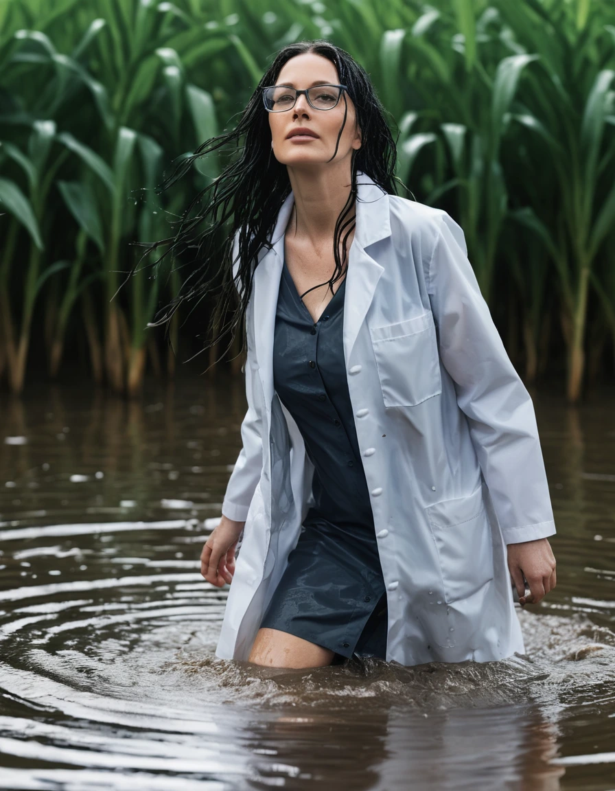 photo of young woman, in soaking wet, drenched clothes,
office shoes , white midi labcoat with long sleeves, white midi labcoat with long sleeves, walking submerged in flooded plant, 
enjoying, wet clothes stuck to body,
detailed textures of the wet clothes, wet face, wet plastered hair,
wet, drenched, professional, high-quality details, full body view.
sharp focus, ultra-high pixel detail, realistic, high-quality, full colors, incredibly detailed, 4k, 8k, 16k, hyper-realistic, RAW photo, masterpiece, ultra-detailed, professionally color graded, professional photograph, woman 51 years old, long black hair, very big and thick lips, office glasses, complete body, open mouth,, dry skin, dry clothes, dry fabric
