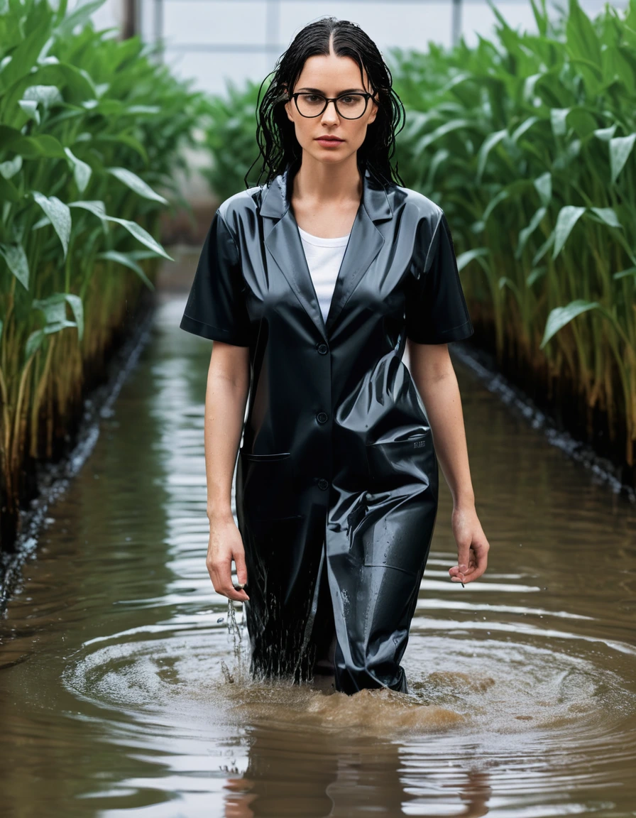 photo of young woman, in soaking wet, drenched clothes,
office shoes , tight black midi labcoat with short sleeves, tight black midi labcoat with short sleeves, walking submerged in flooded plant, 
enjoying, wet clothes stuck to body,
detailed textures of the wet clothes, wet face, wet plastered hair,
wet, drenched, professional, high-quality details, full body view.
sharp focus, ultra-high pixel detail, realistic, high-quality, full colors, incredibly detailed, 4k, 8k, 16k, hyper-realistic, RAW photo, masterpiece, ultra-detailed, professionally color graded, professional photograph, woman 51 years old, long black hair, very big and thick lips, office glasses, complete body, open mouth, dry skin, dry clothes, dry fabric, dry skin, dry clothes, dry fabric