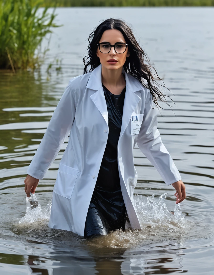 photo of young woman, in soaking wet, drenched clothes,
office shoes , white midi labcoat with long sleeves, white midi labcoat with long sleeves, walking complete submerged under water in deep lake, 
enjoying, wet clothes stuck to body,
detailed textures of the wet clothes, wet face, wet plastered hair,
wet, drenched, professional, high-quality details, full body view.
sharp focus, ultra-high pixel detail, realistic, high-quality, full colors, incredibly detailed, 4k, 8k, 16k, hyper-realistic, RAW photo, masterpiece, ultra-detailed, professionally color graded, professional photograph, woman 51 years old, long black hair, very big and thick lips, office glasses, complete body, open mouth,, dry skin, dry clothes, dry fabric