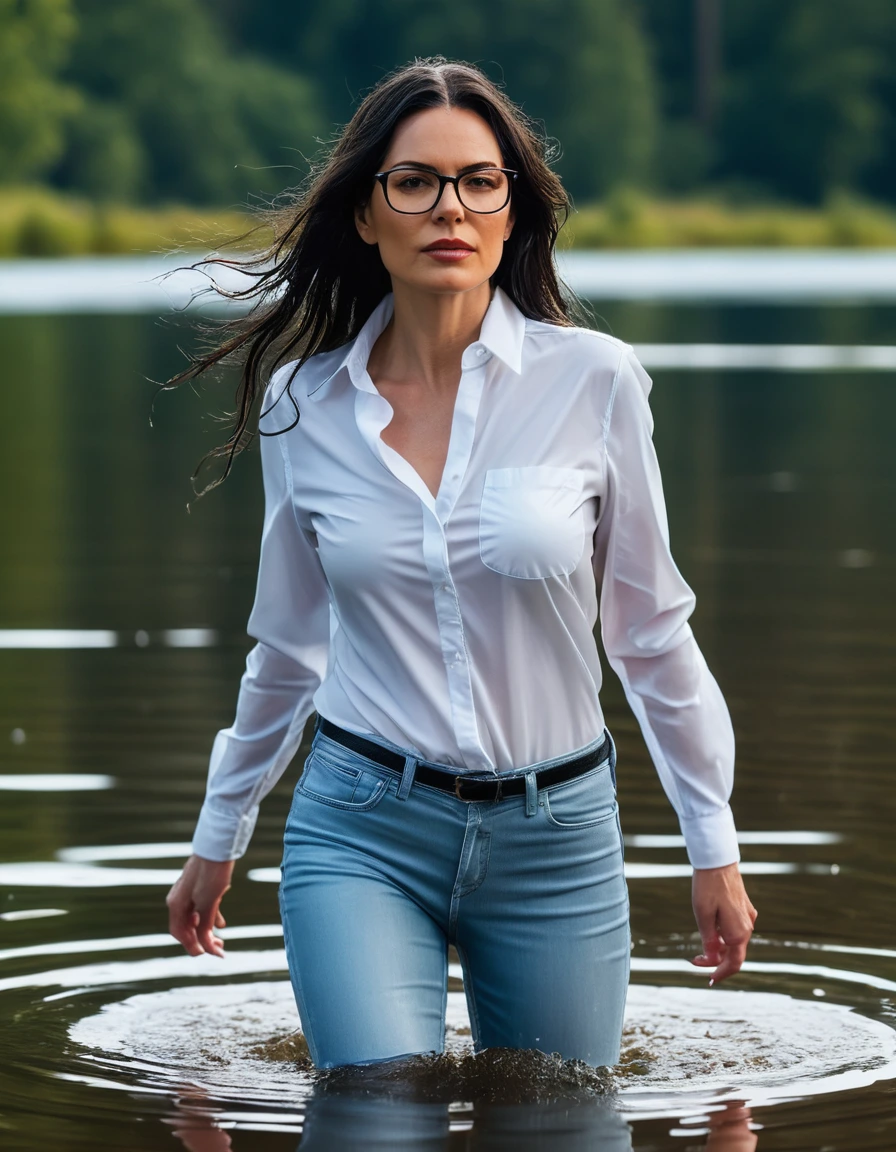 photo of young woman, in soaking wet, drenched clothes,
office shoes , long tight light blue leather jeans shinning, white satin shirt with long sleeves, walking submerged in sunny lake, 
enjoying, wet clothes stuck to body,
detailed textures of the wet clothes, wet face, wet plastered hair,
wet, drenched, professional, high-quality details, full body view.
sharp focus, ultra-high pixel detail, realistic, high-quality, full colors, incredibly detailed, 4k, 8k, 16k, hyper-realistic, RAW photo, masterpiece, ultra-detailed, professionally color graded, professional photograph, woman 51 years old, long black hair, very big and thick lips, office glasses, complete body, open mouth, dry skin, dry clothes, dry fabric